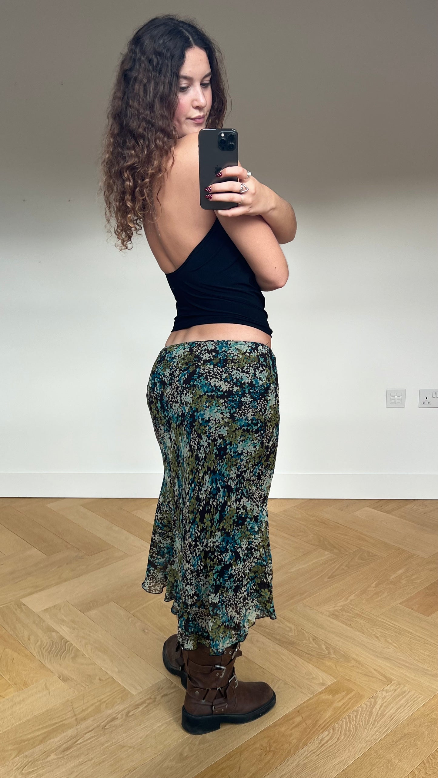 00s green brown floral midi skirt- size M