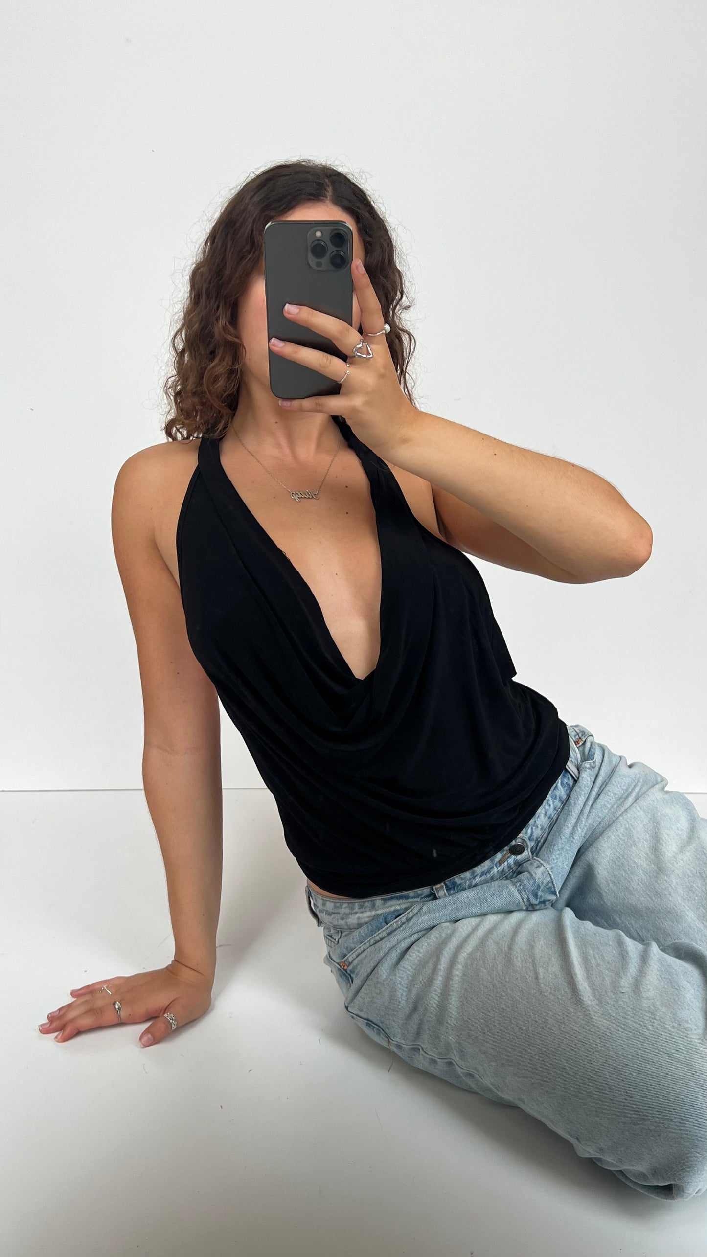 00s black cowl neck backless top- size M