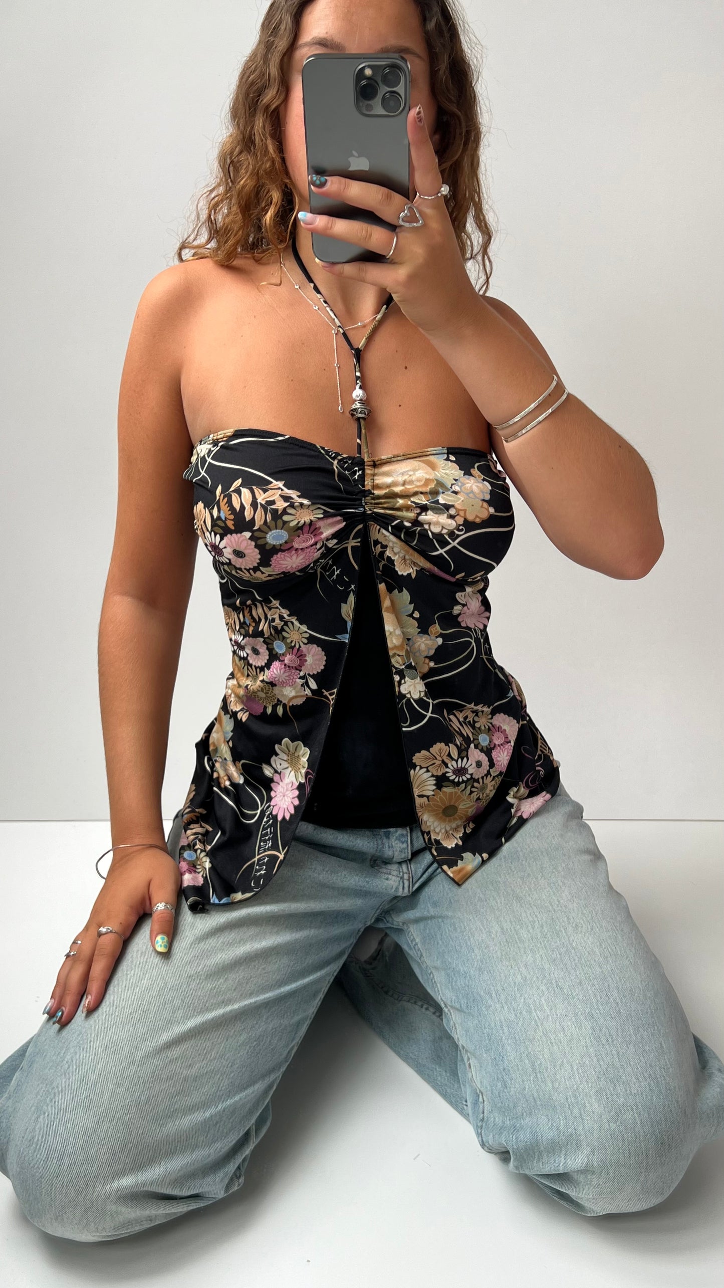 00s black floral halter cami- size M