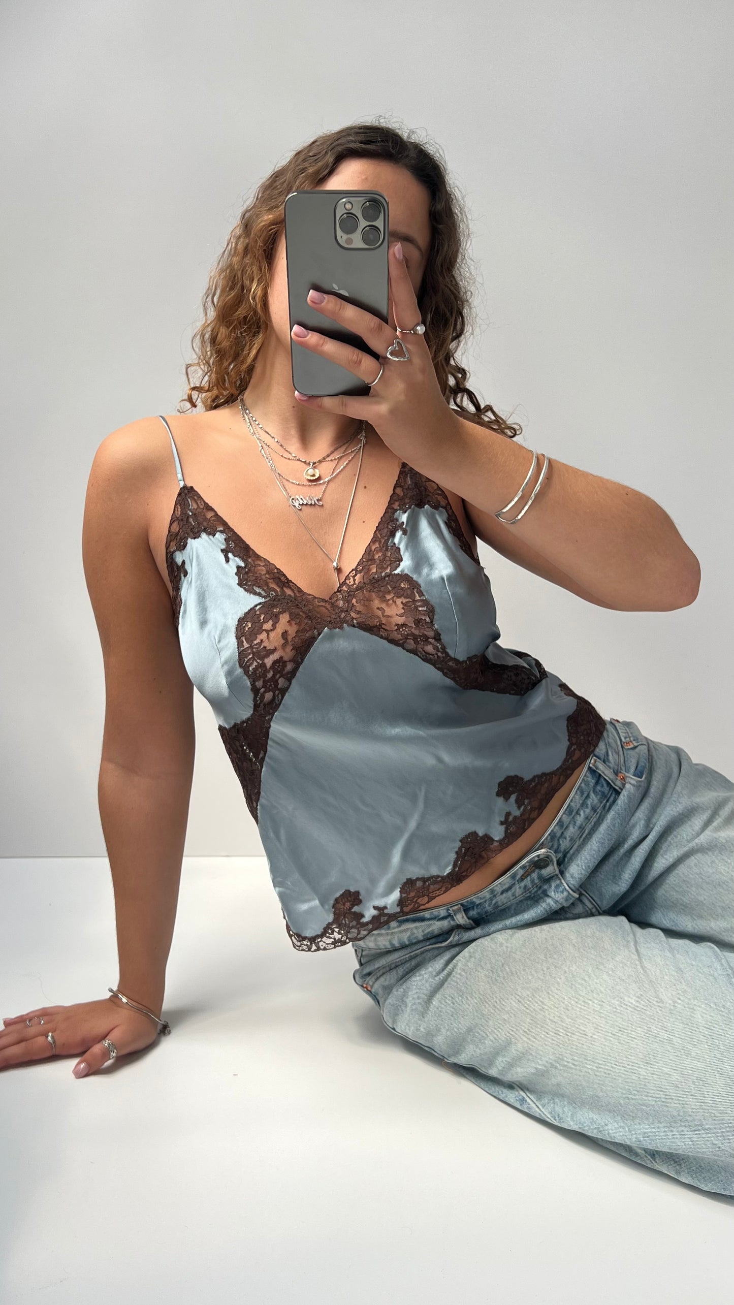 00s blue silk brown lace cami- size L