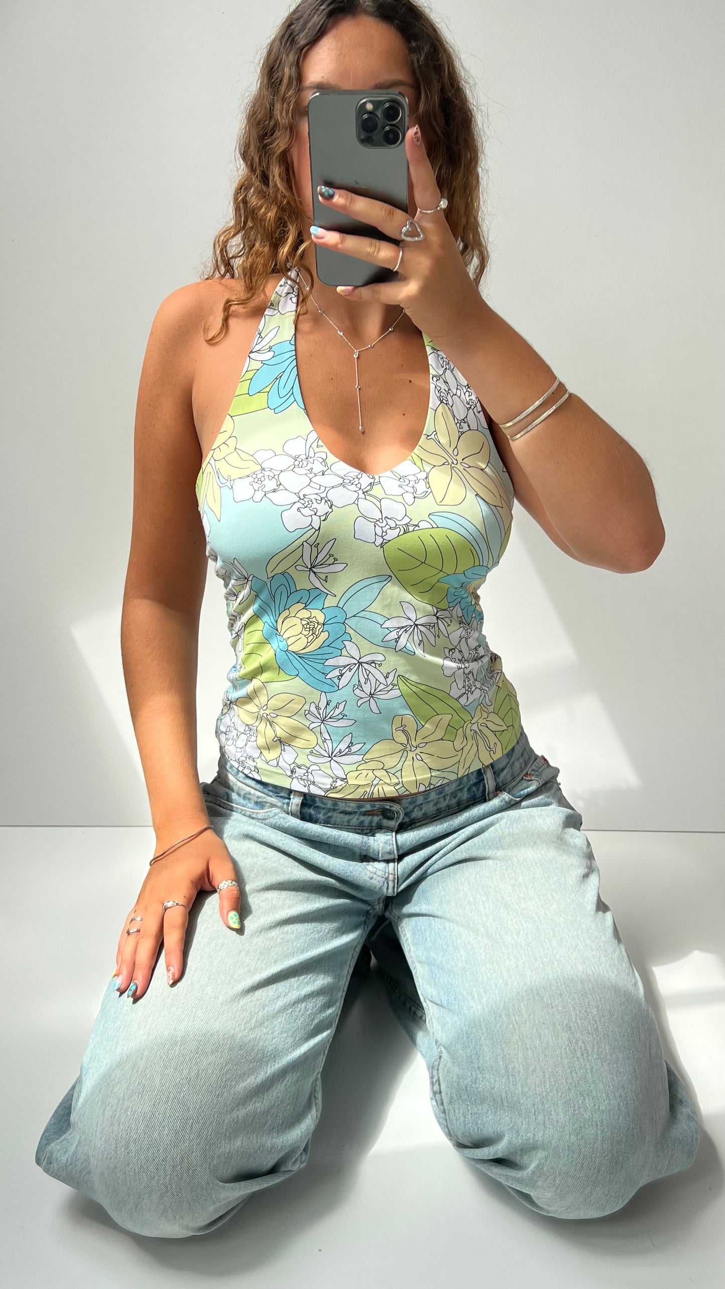 00s green blue floral halter cami- size S