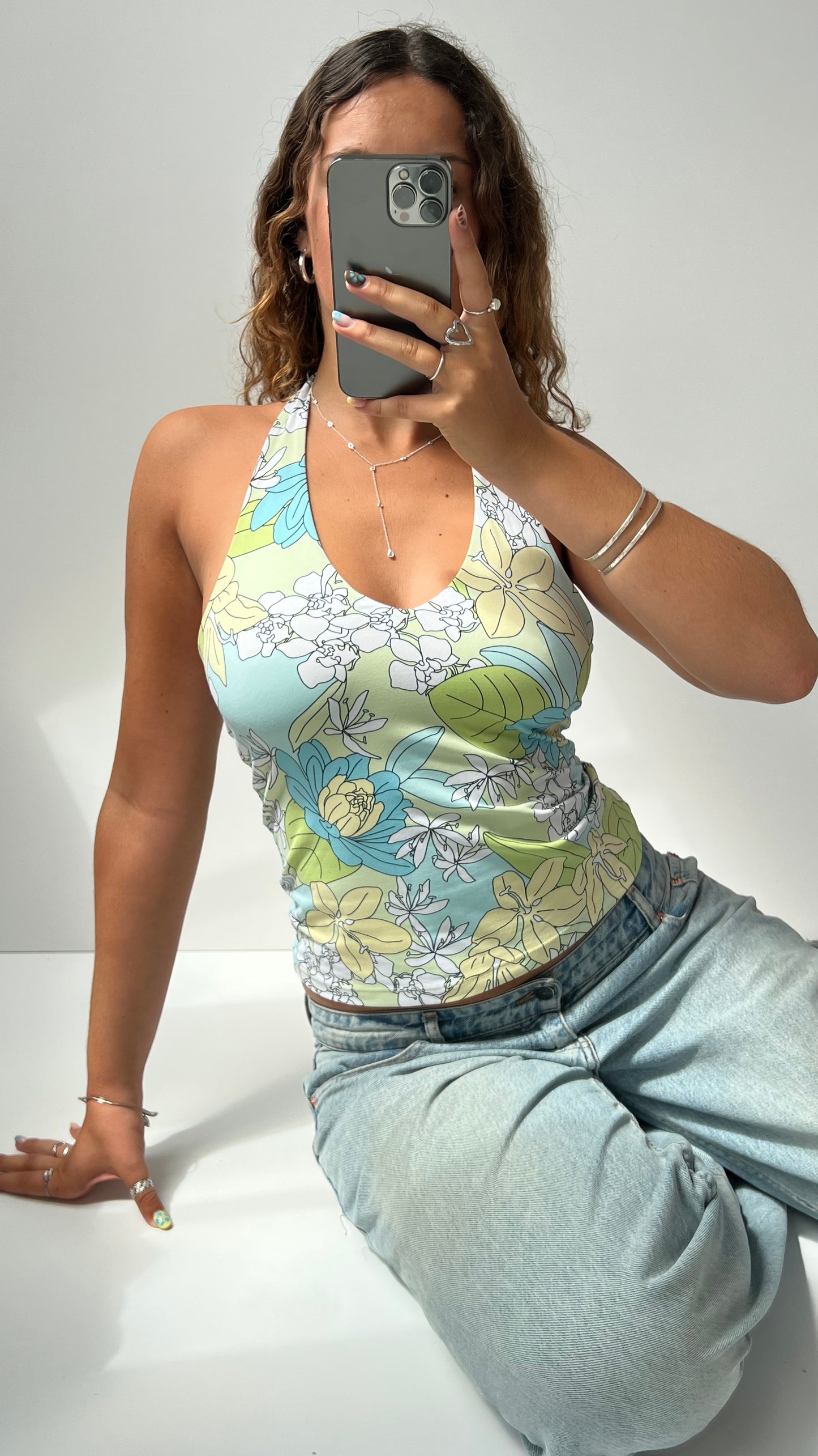 00s green blue floral halter cami- size S