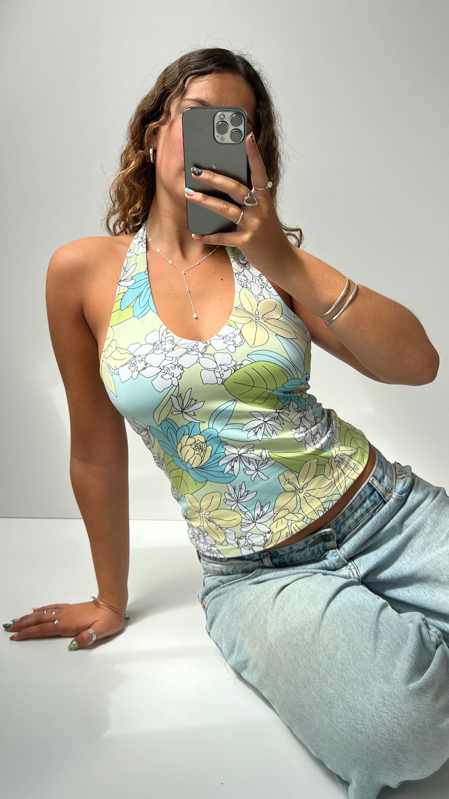 00s green blue floral halter cami- size S