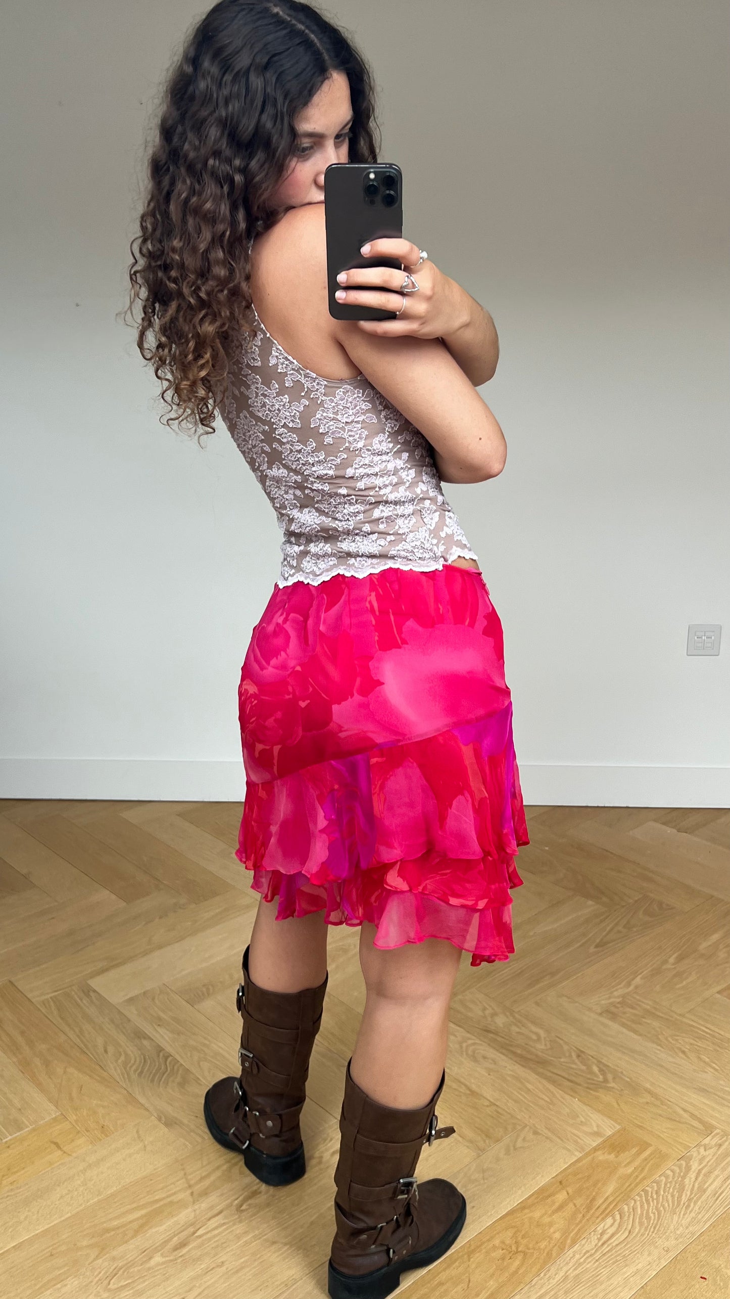 00s pink silk midi skirt- size S