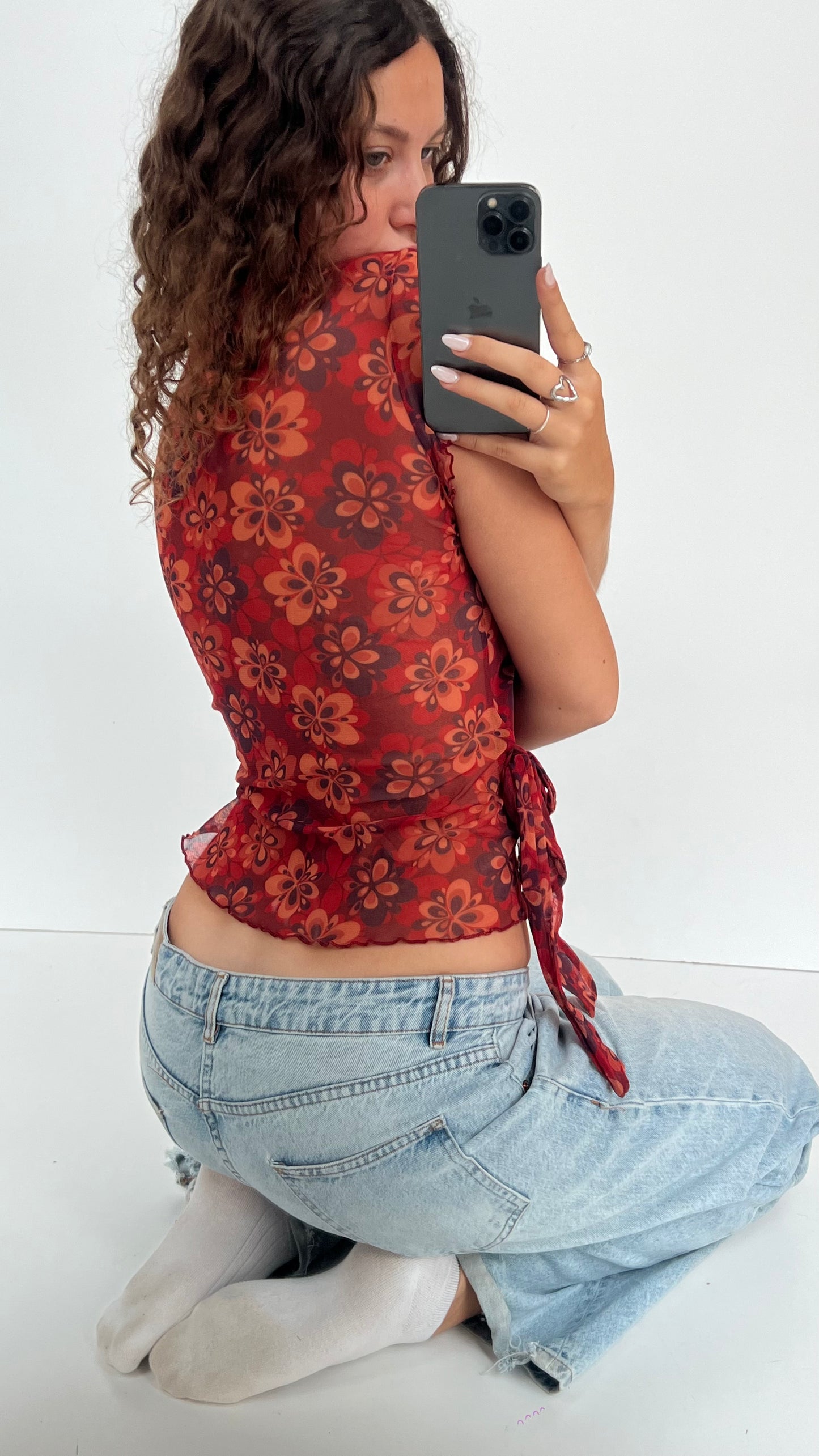 00s orange floral mesh top- size L