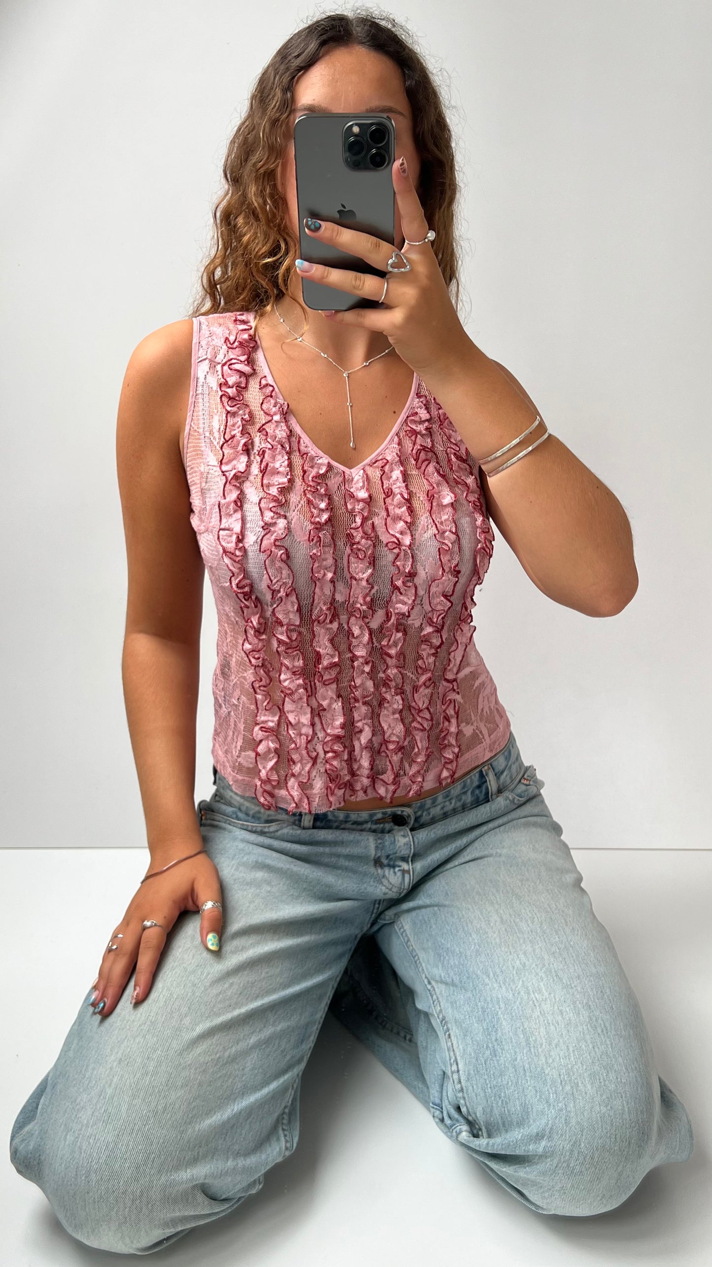 00s pink mesh ruffle top- size M