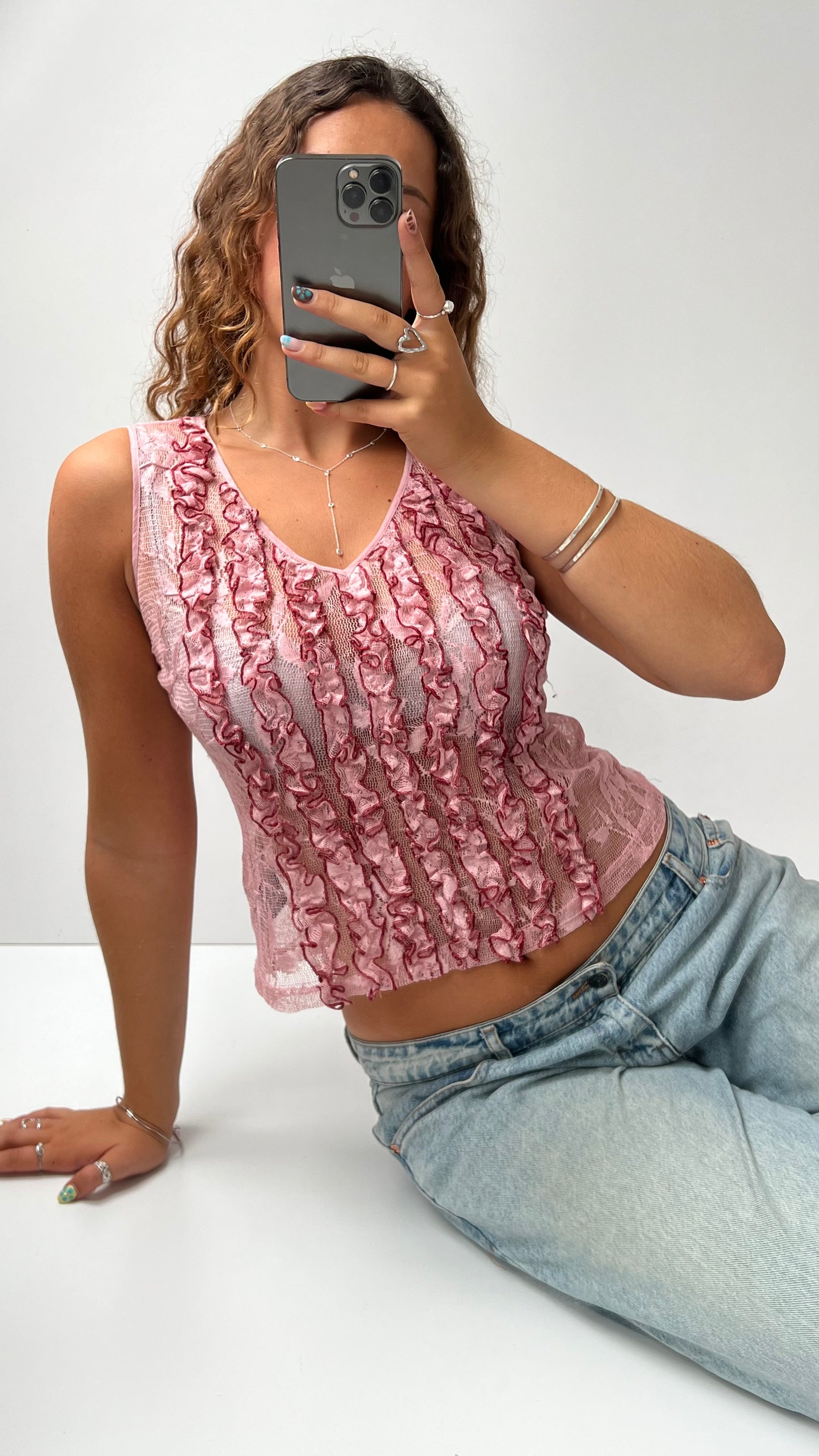 00s pink mesh ruffle top- size M