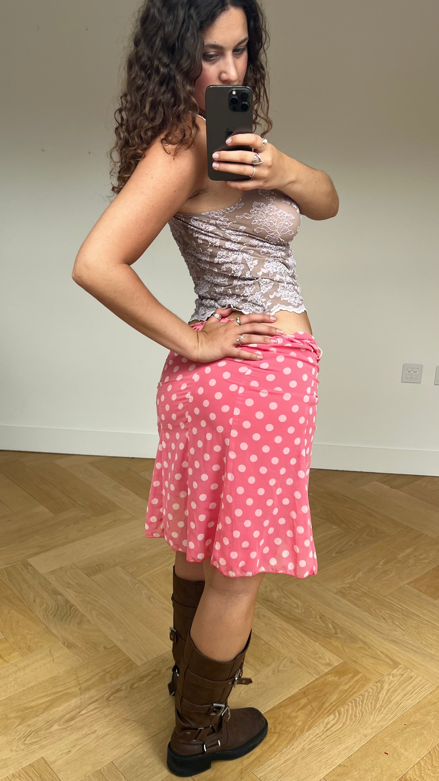 00s pink polka dot midi skirt- size S