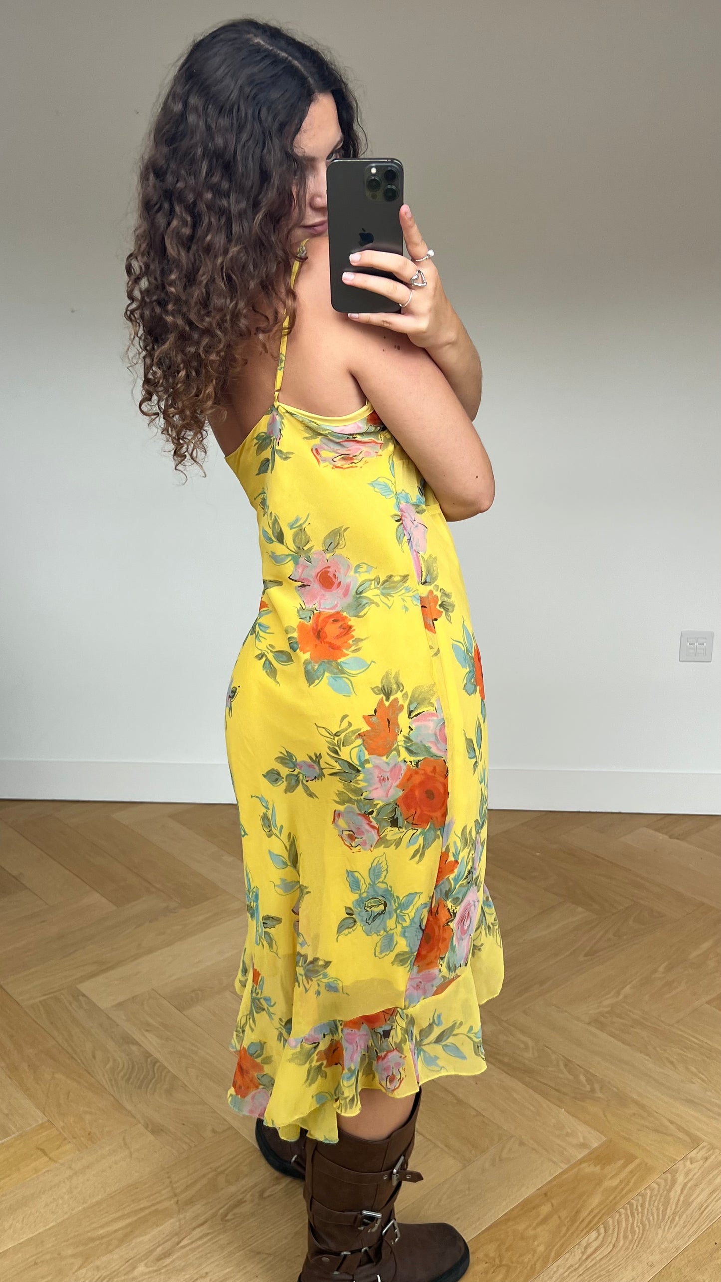 00s yellow floral midi dress- size L