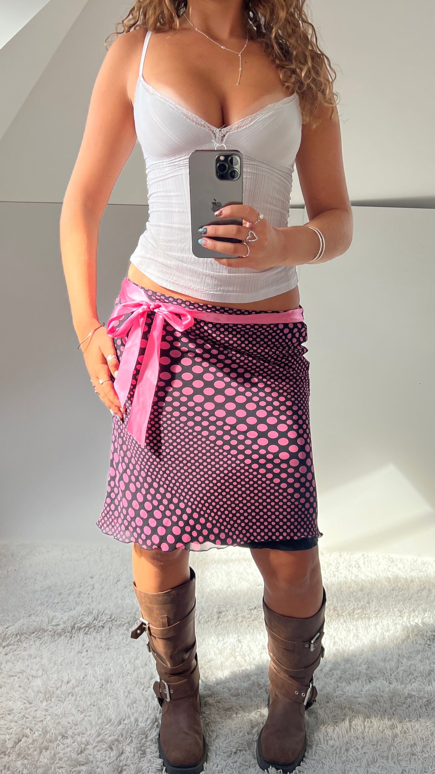 00s pink polka dot midi skirt- size S