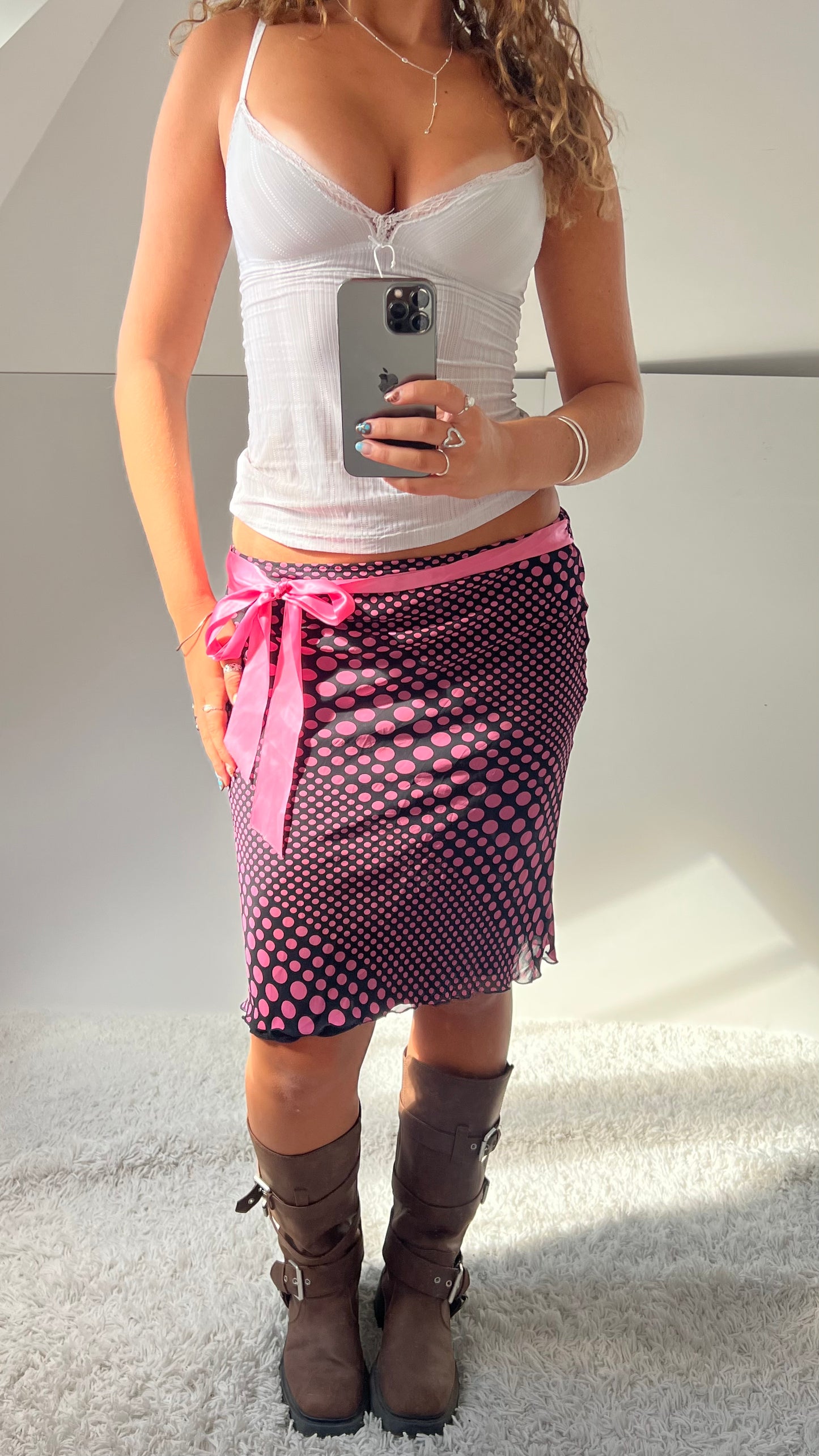 00s pink polka dot midi skirt- size S