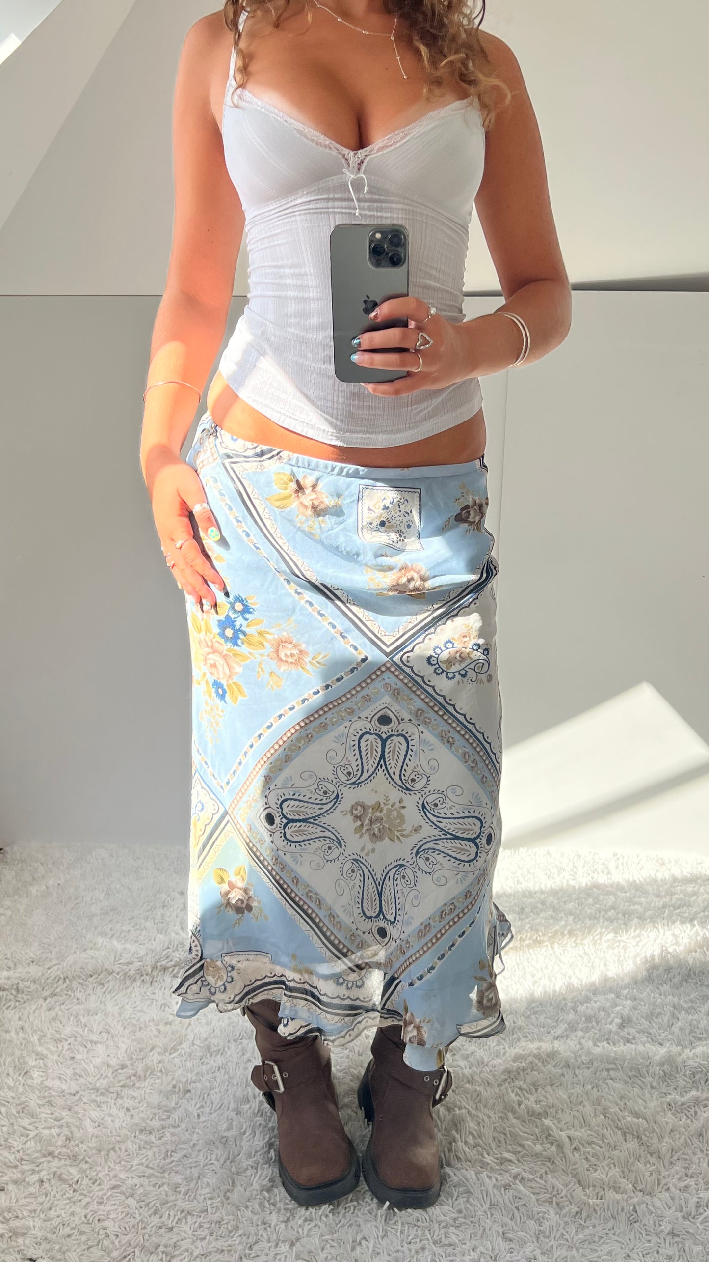 00s blue patchwork mesh maxi skirt- size S