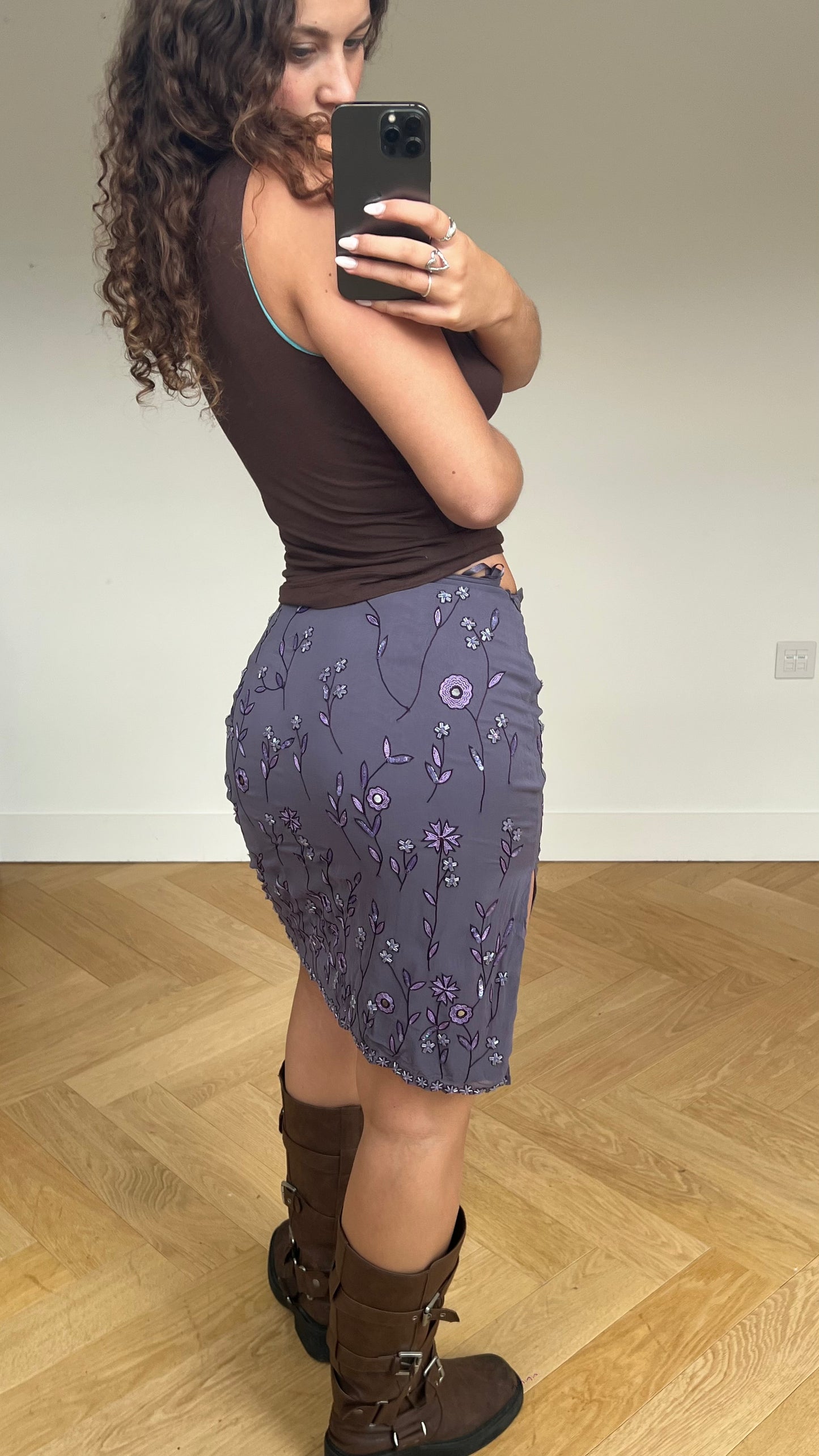 00s purple mesh beaded midi skirt- size S