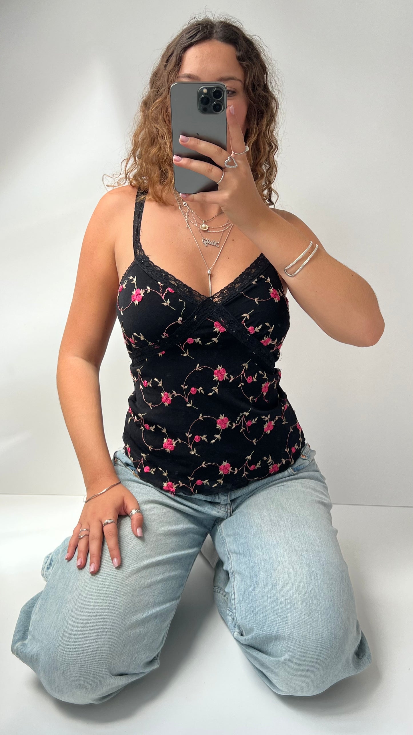 00s black floral mesh cami- size M