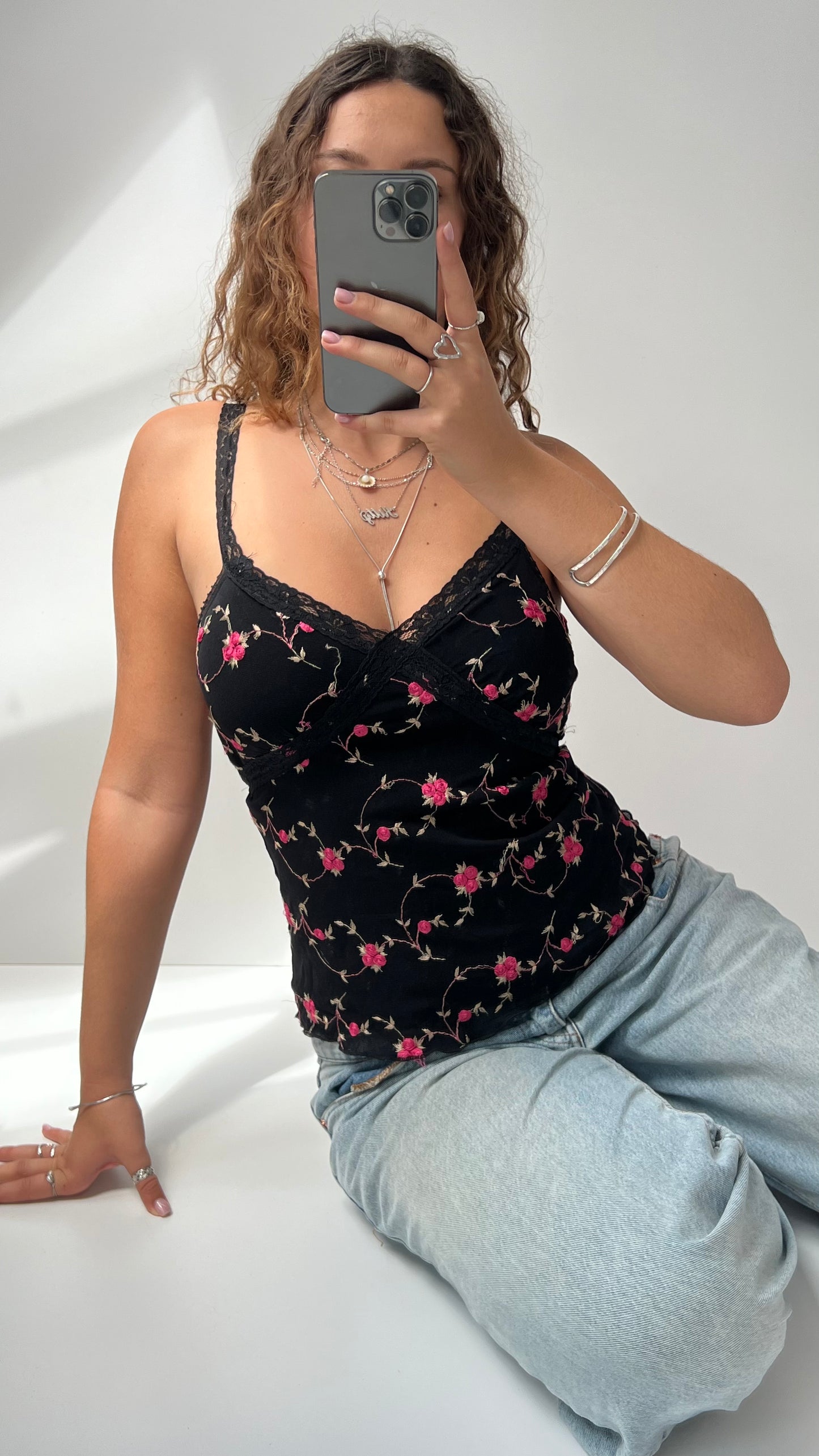 00s black floral mesh cami- size M