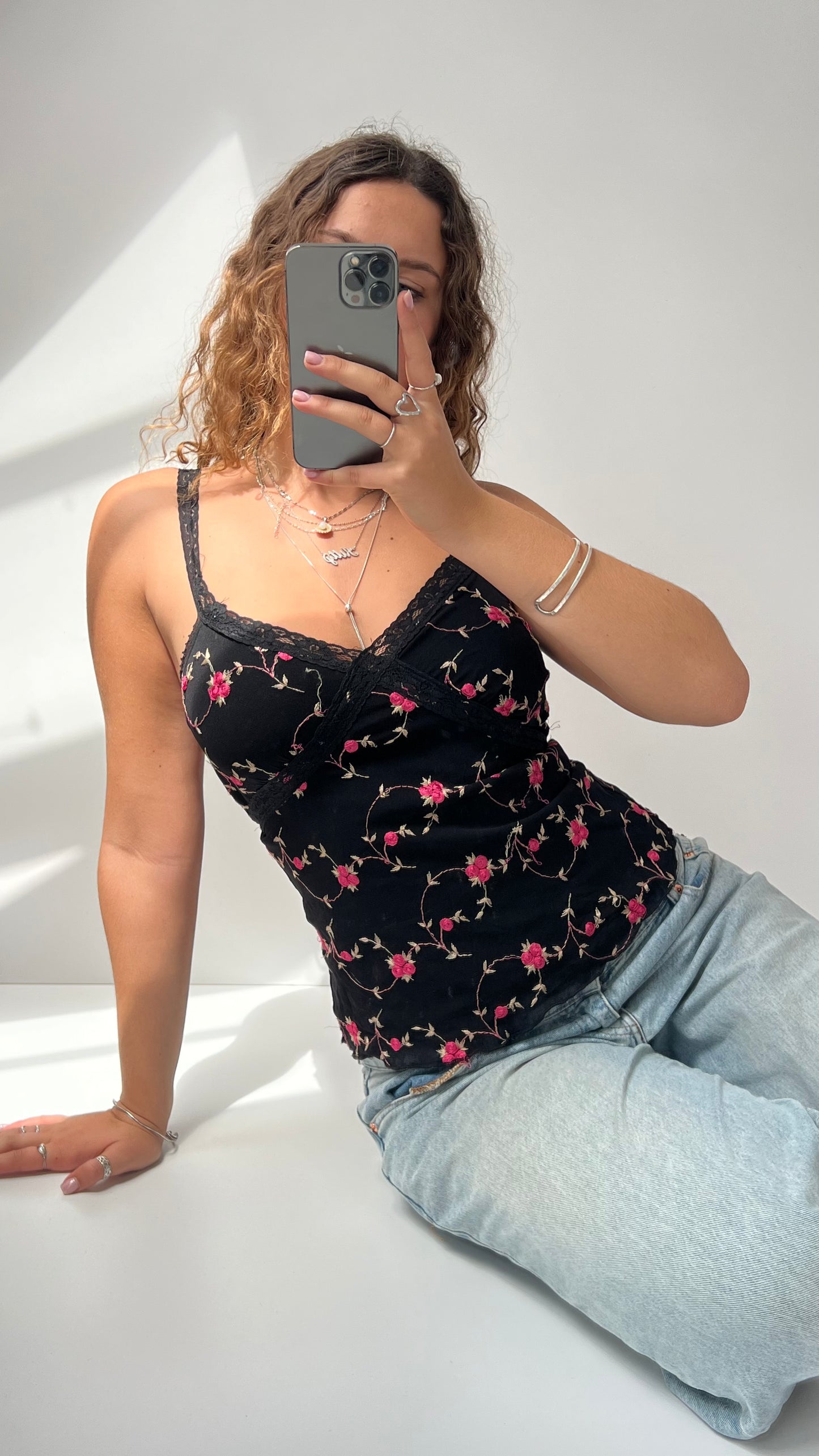 00s black floral mesh cami- size M