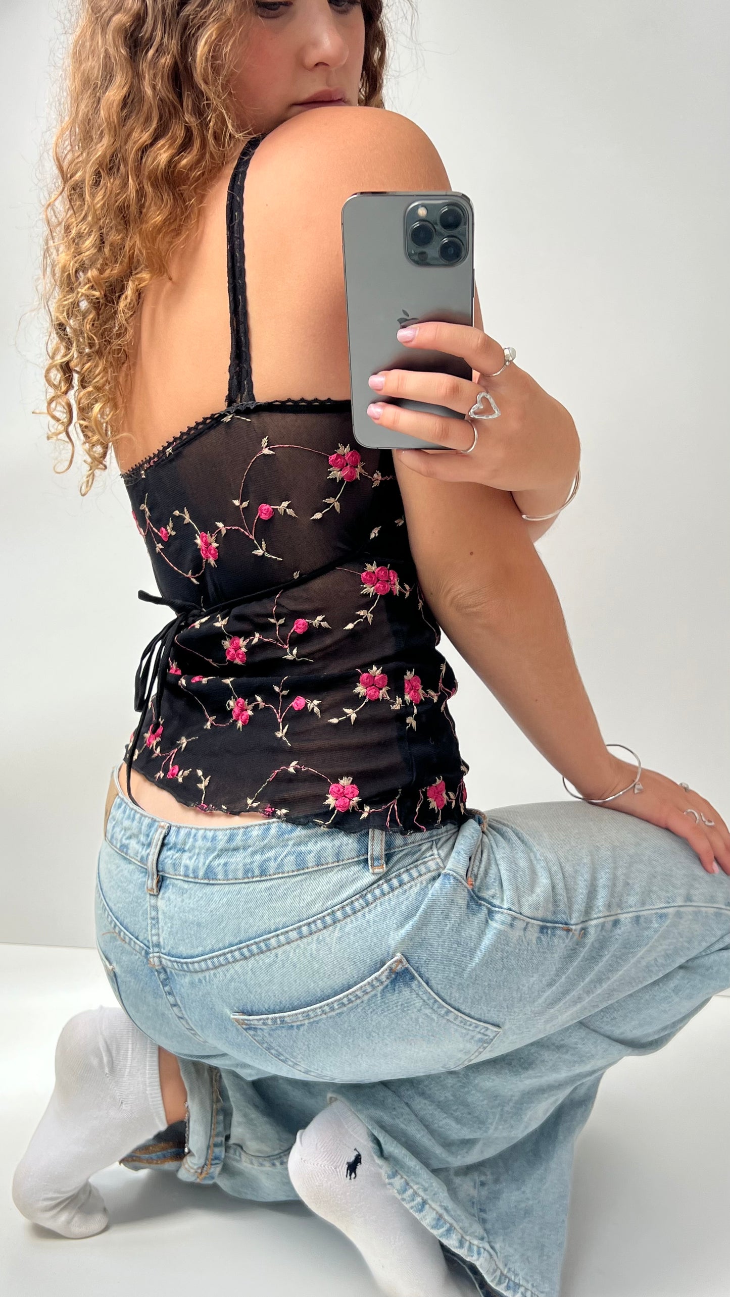 00s black floral mesh cami- size M