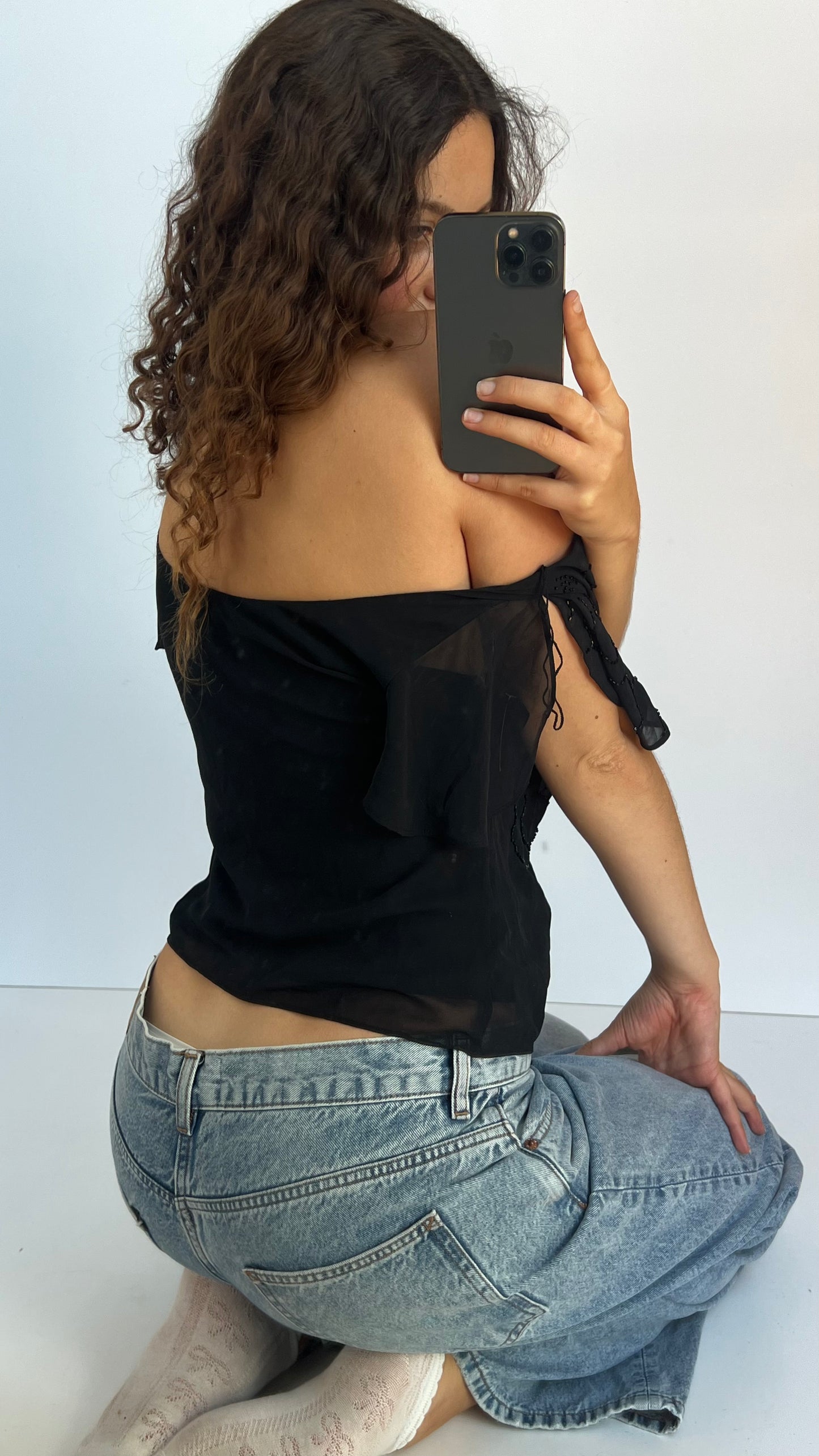 00s black mesh sequin top- size L