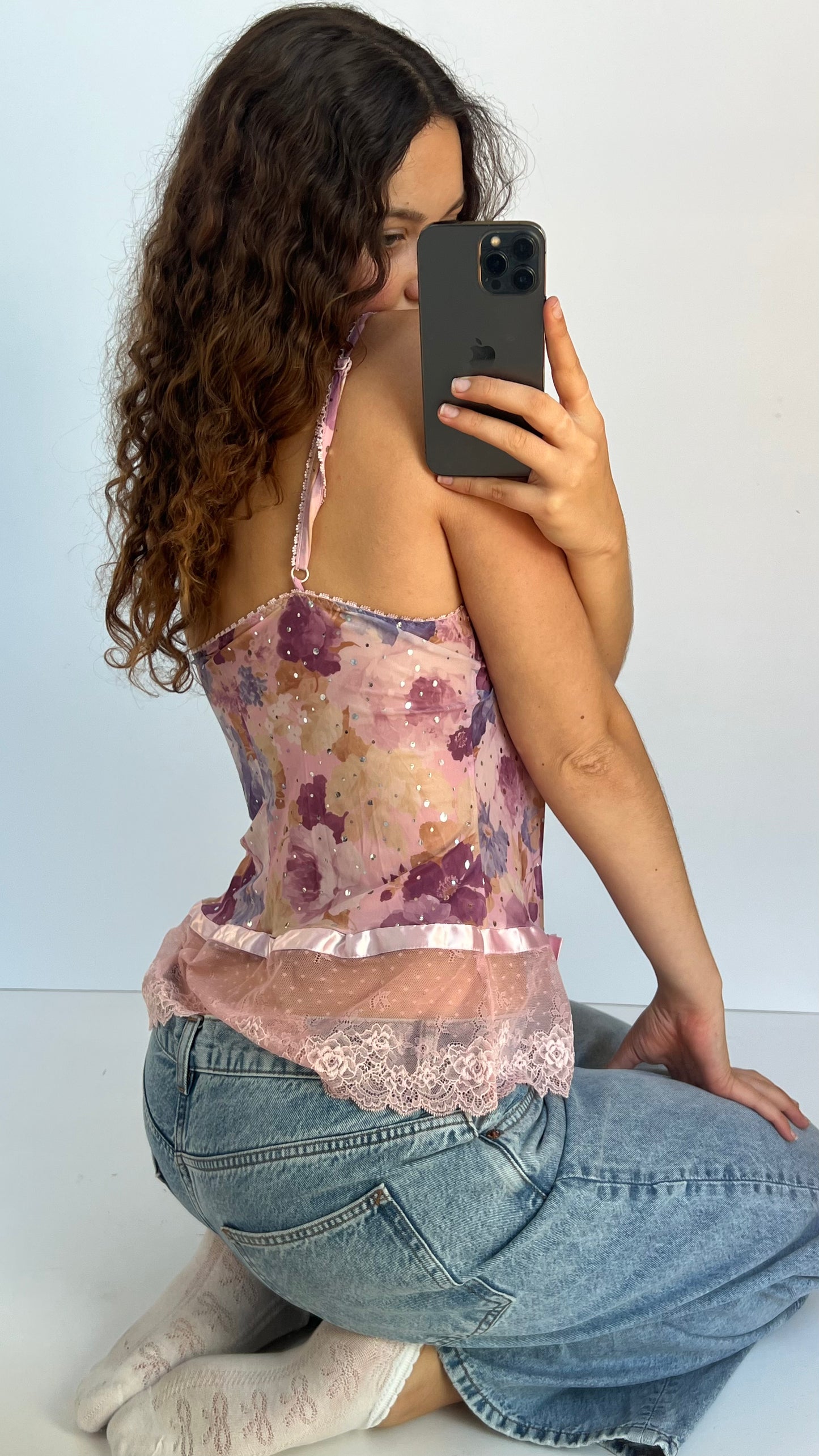 00s pink floral lace cami- size M
