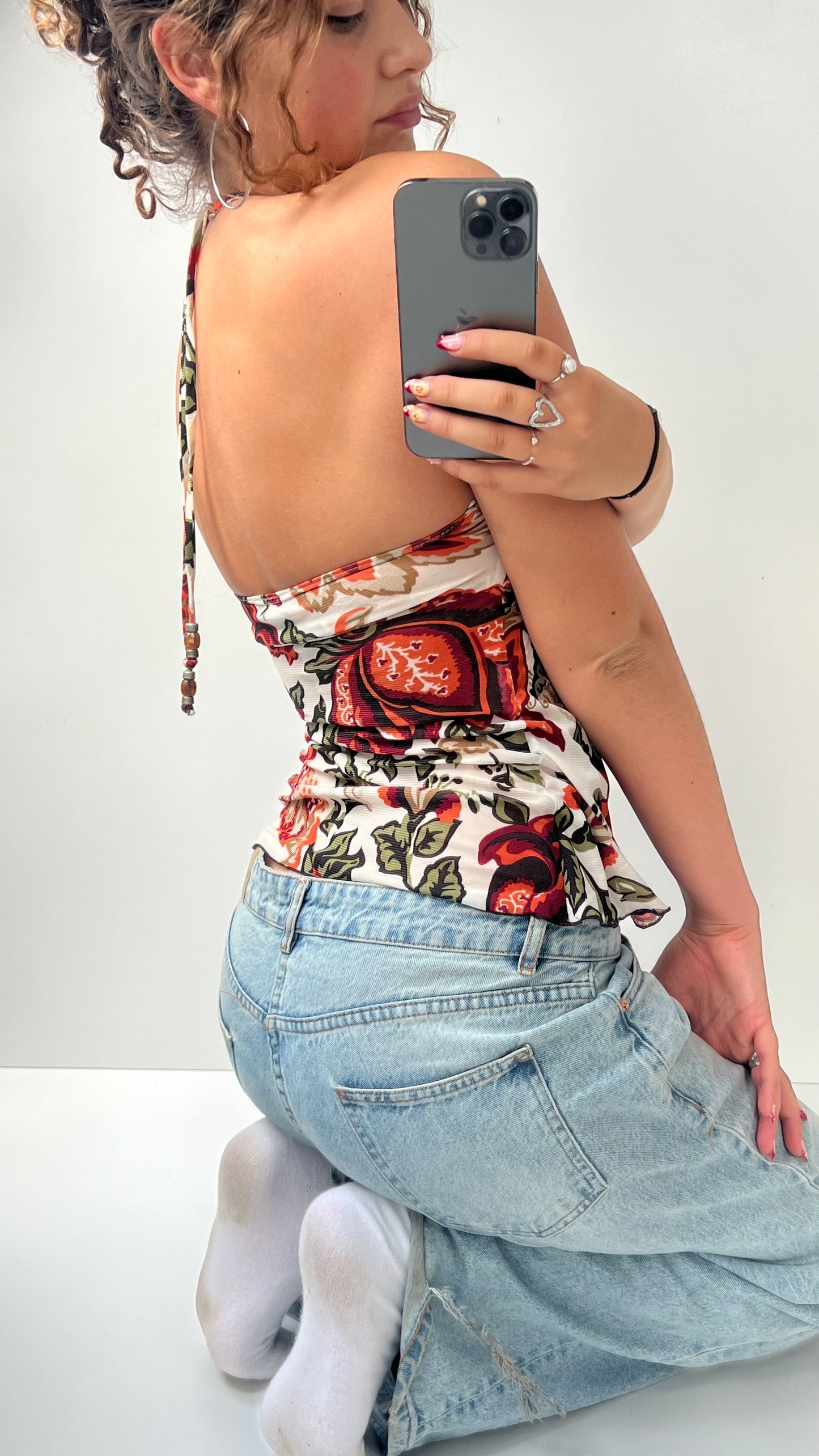 00s red floral mesh halter cami- size S