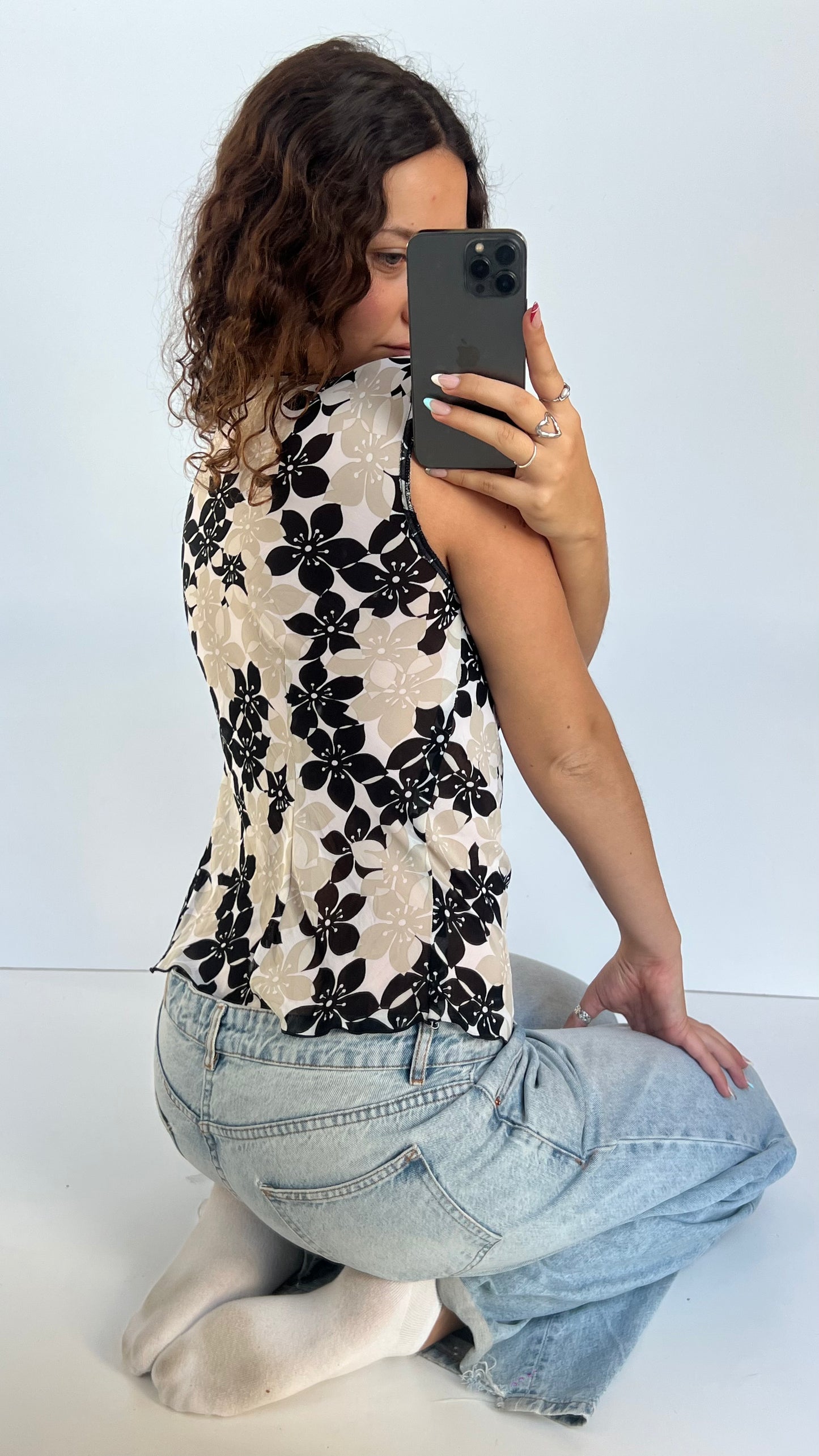 00s white floral babydoll top- size S