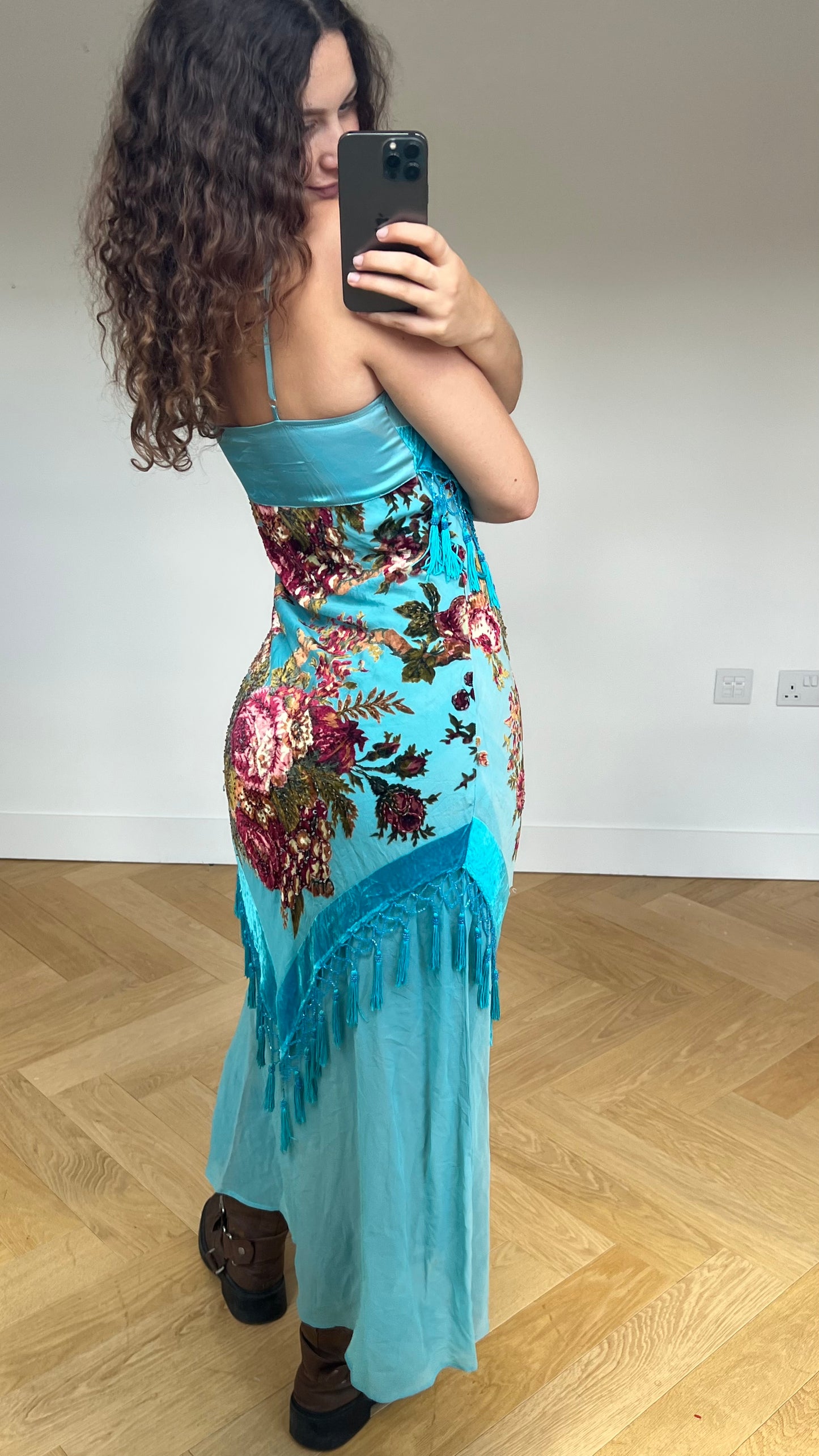 00s blue silk floral maxi dress- size S