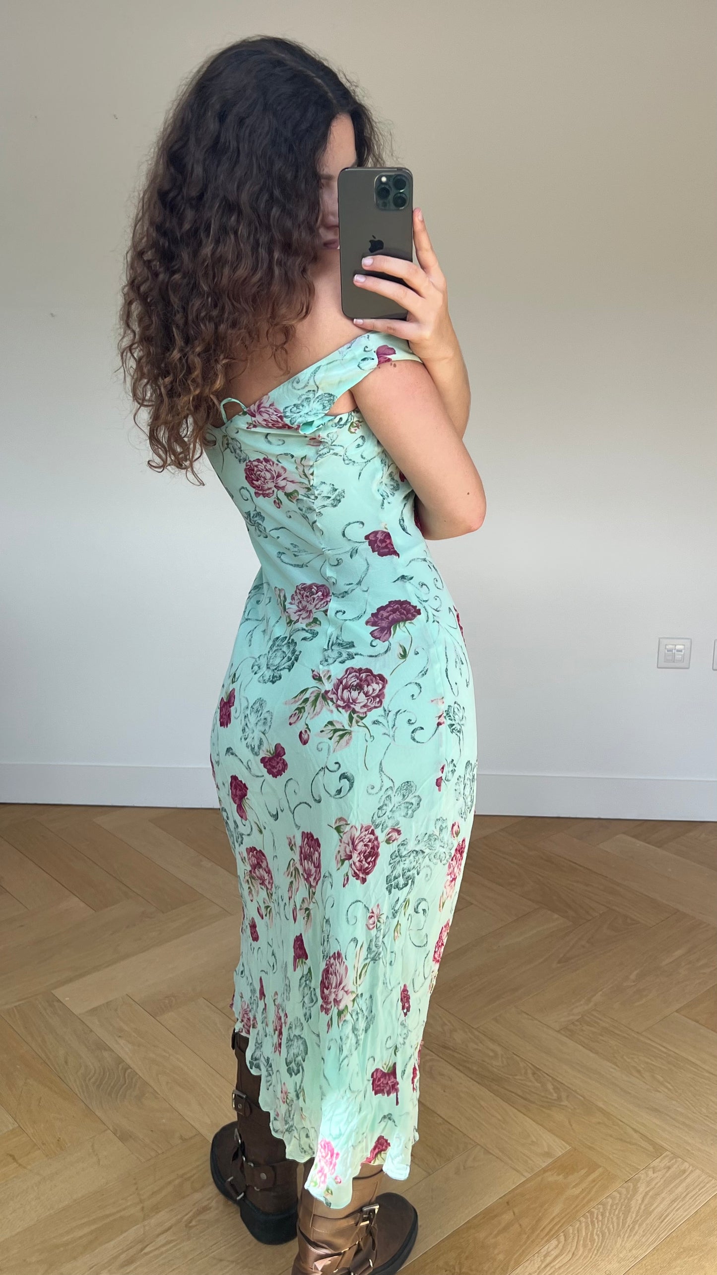 00s blue floral mesh maxi dress- size S