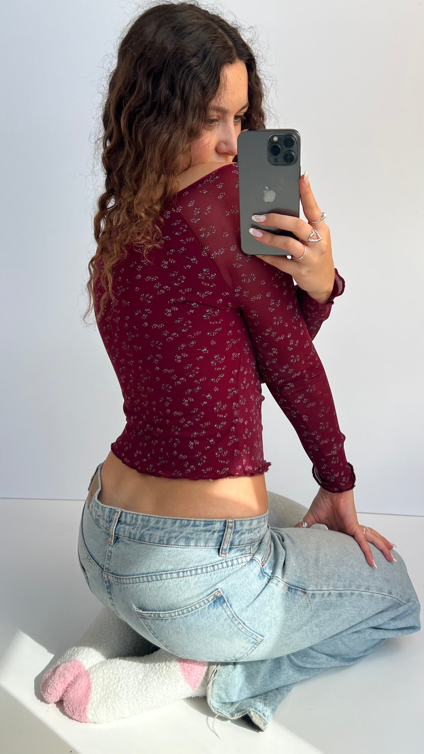 00s red floral long sleeve top- size S/M