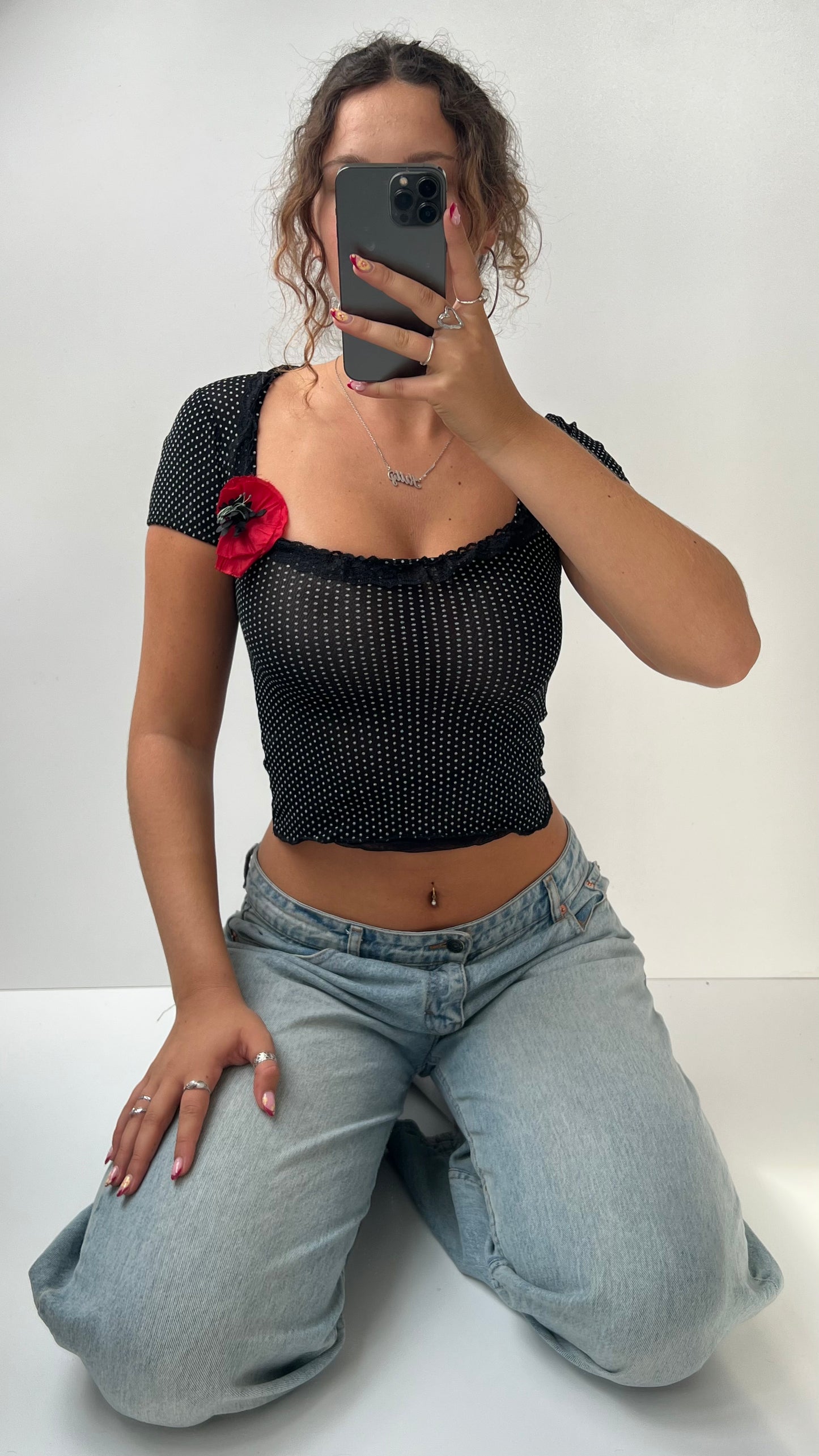 00s black polka dot babydoll top- size XS