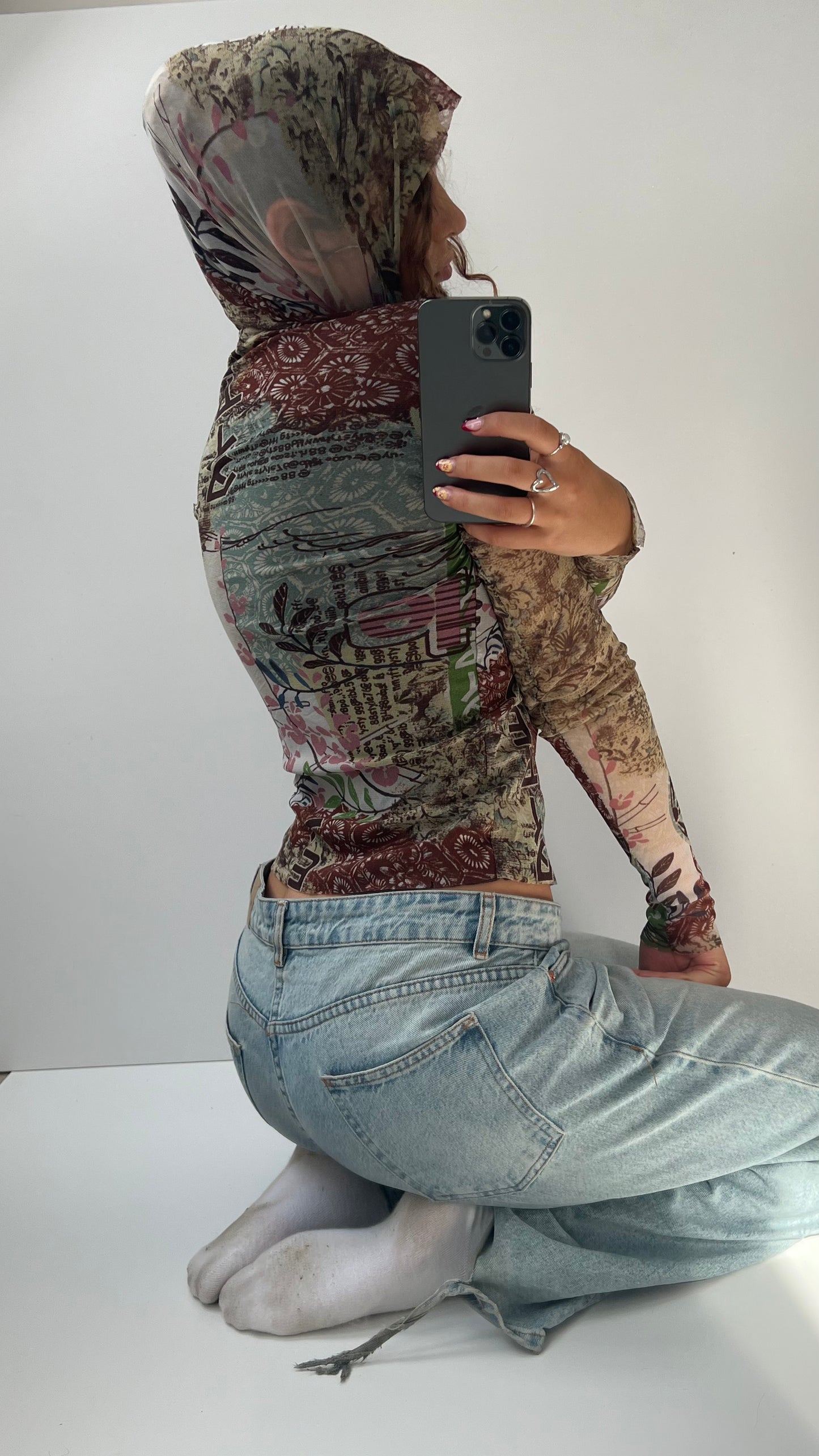 00s brown green graphic mesh long sleeve top- size S/M