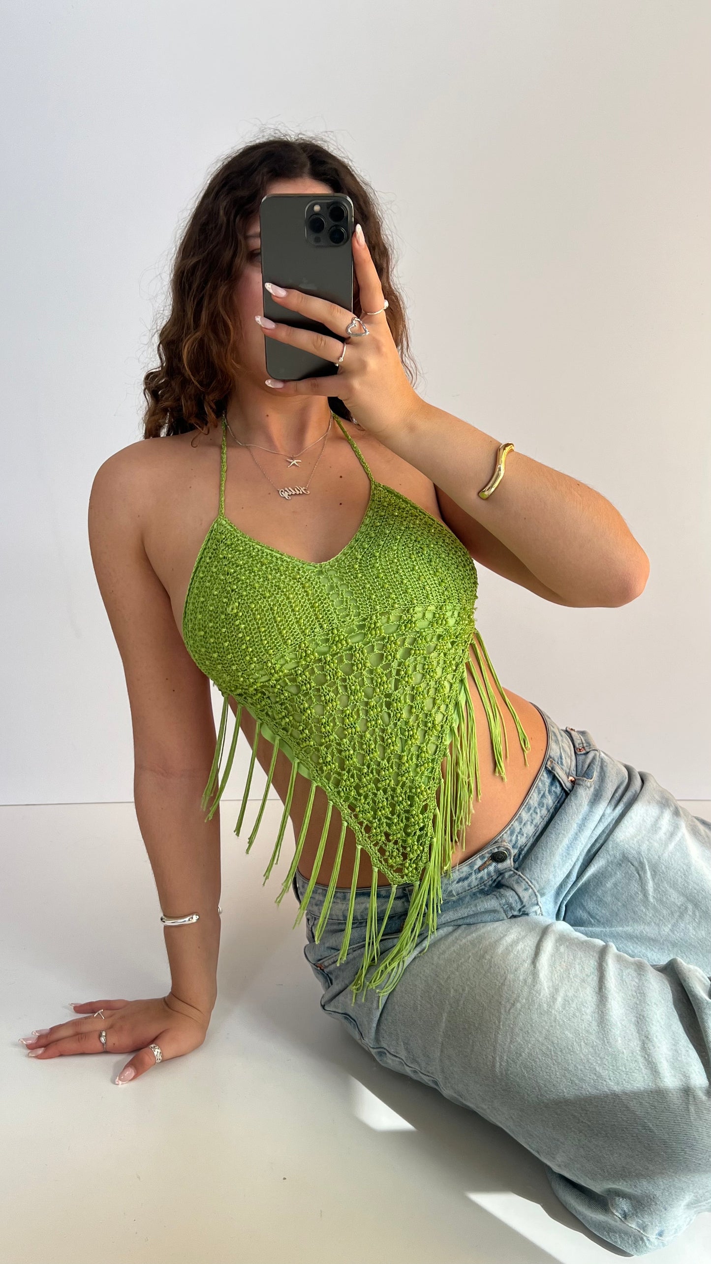 00s green backless crochet cami- size S