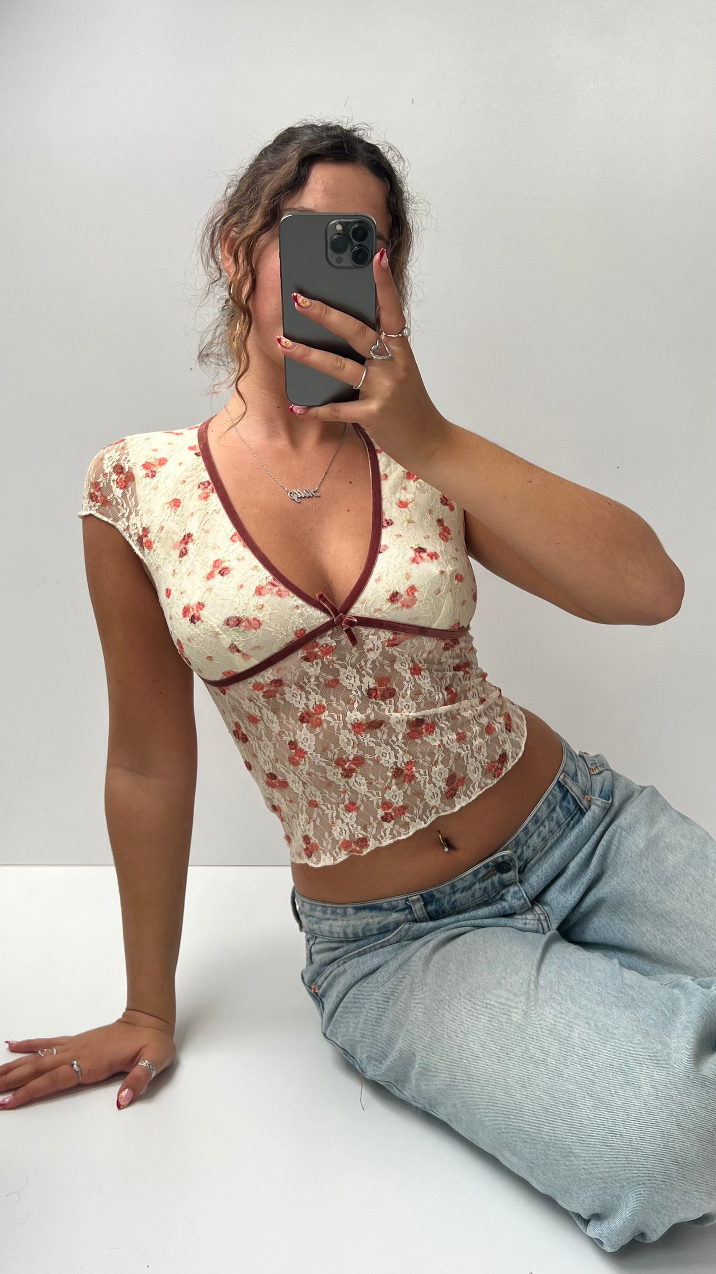 00s cream lace floral babydoll top- size S