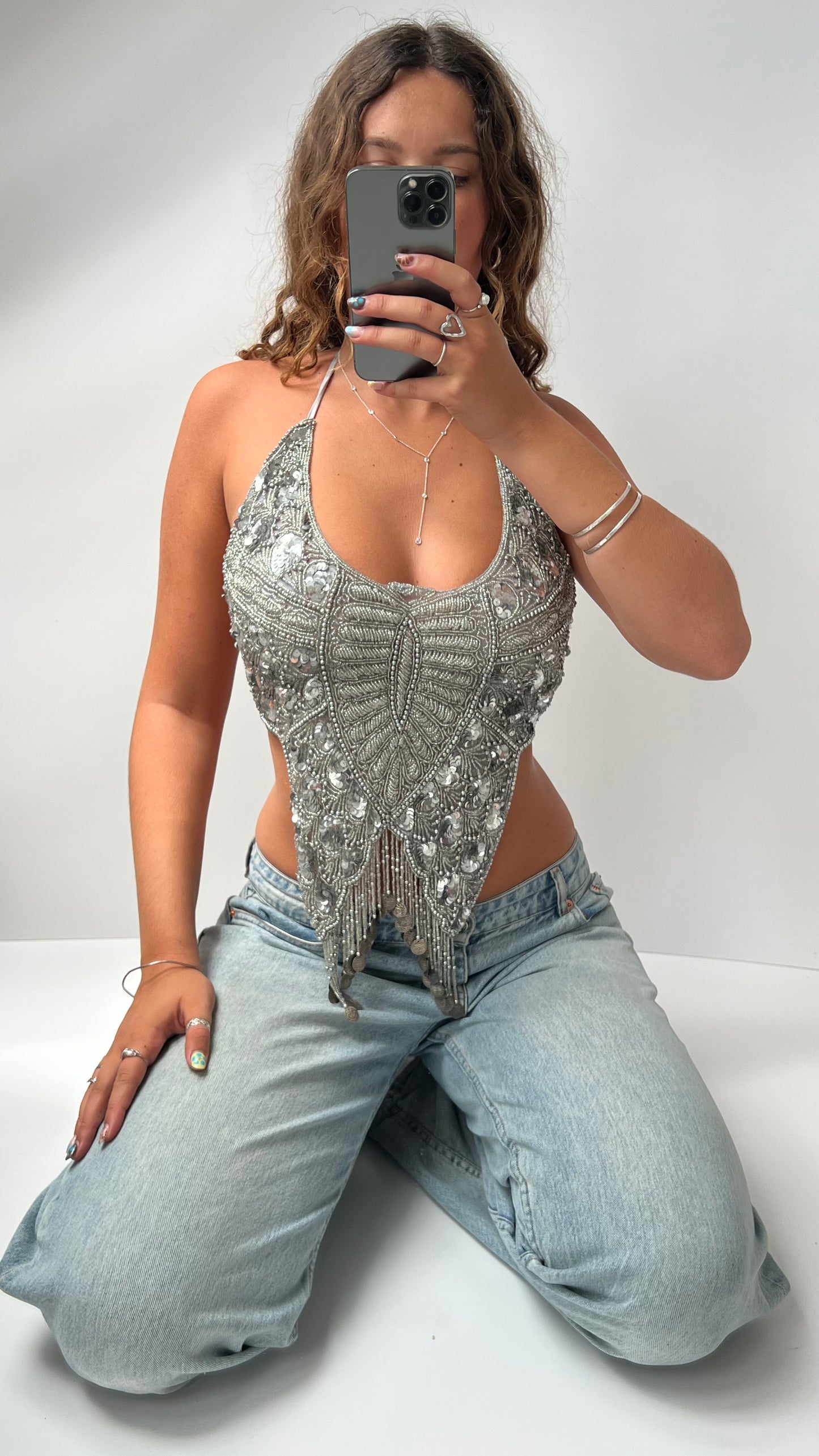 00s backless silver beaded top- size S