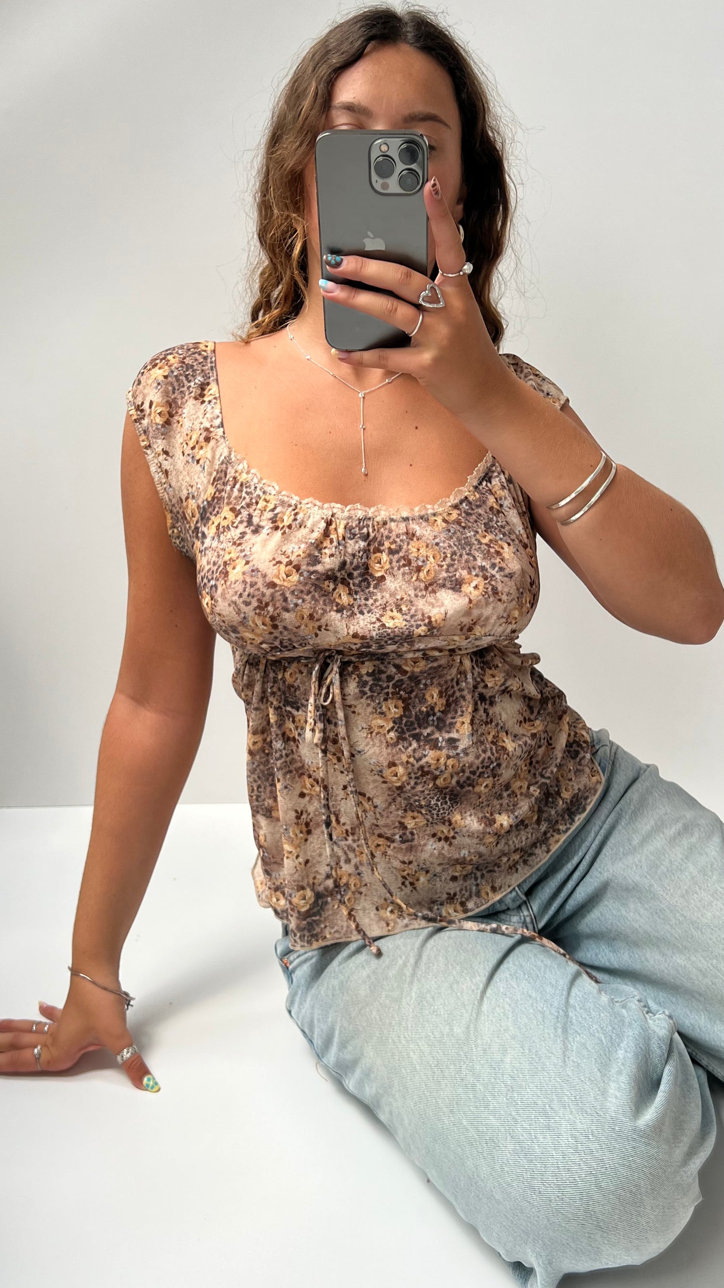 00s brown floral mesh top- size M