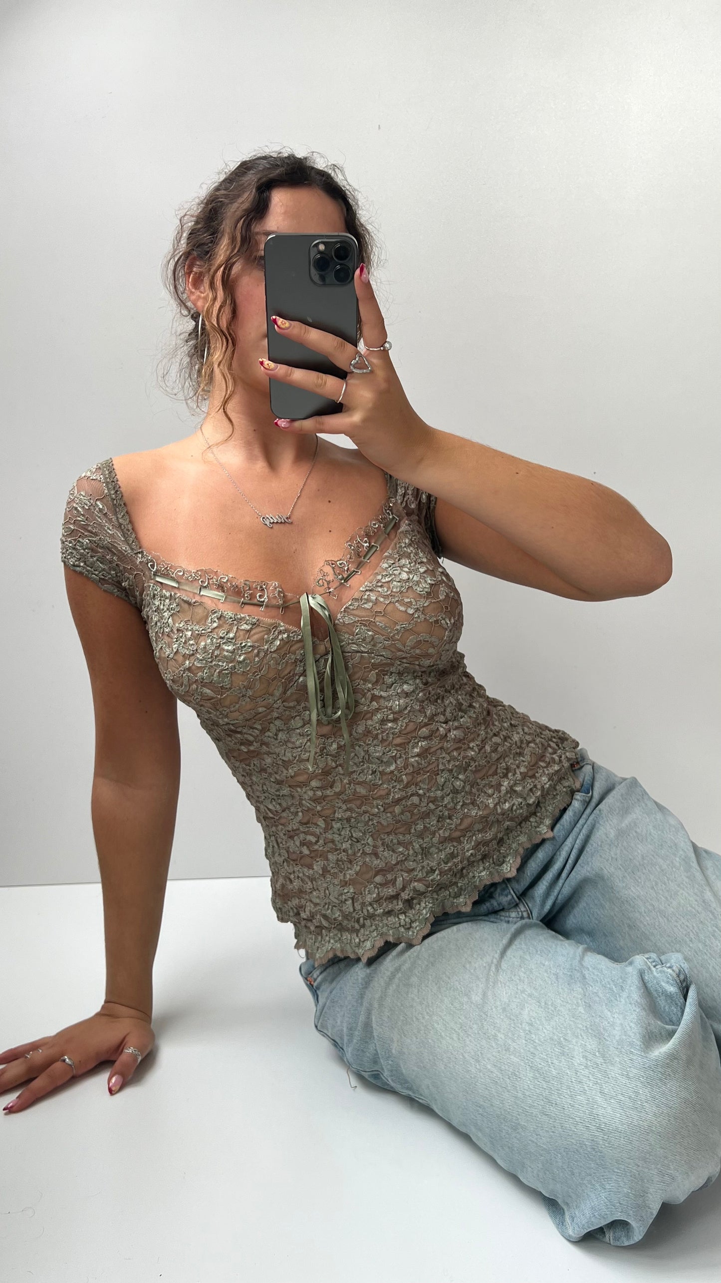 00s green lace babydoll top- size S