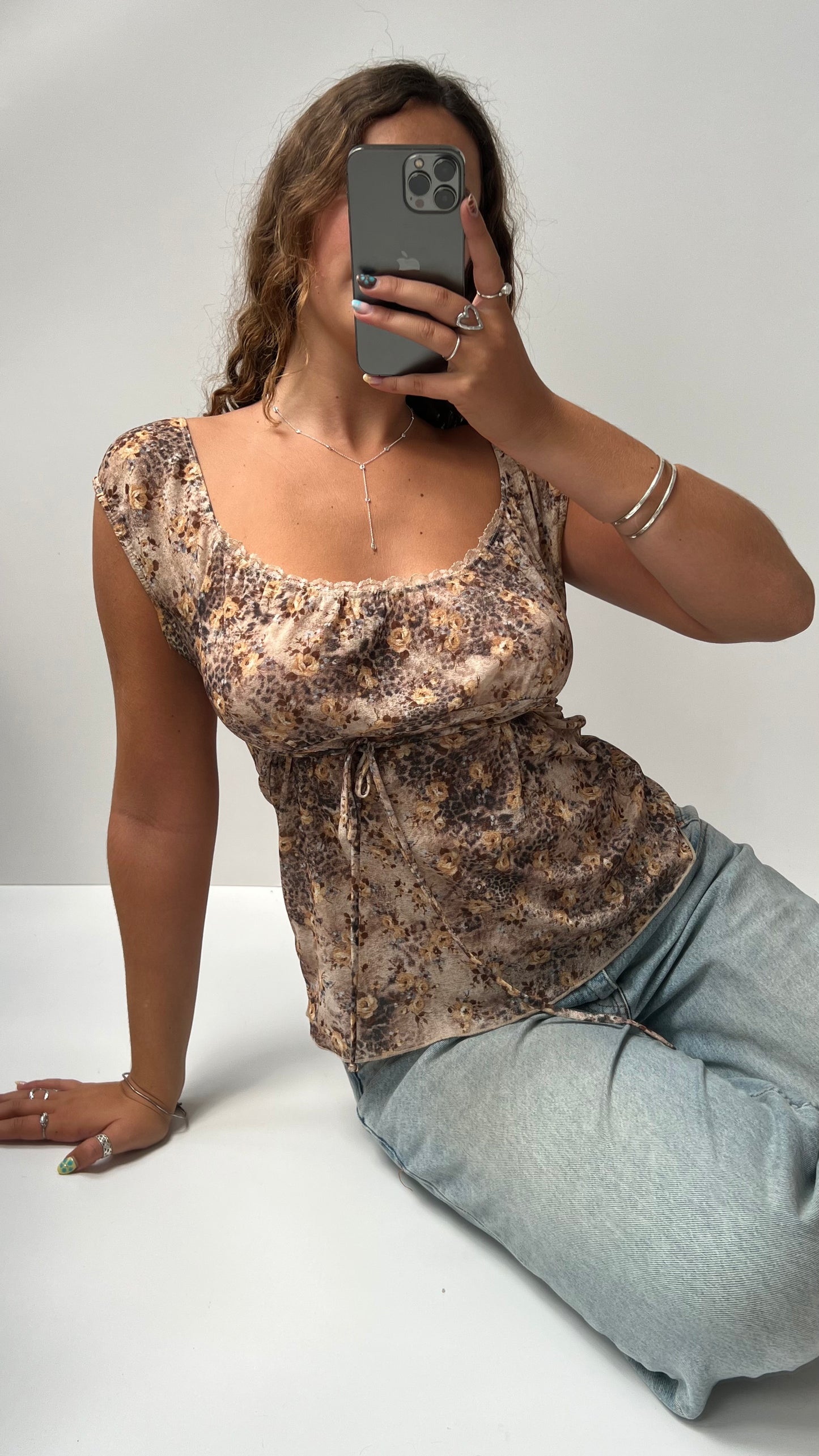 00s brown floral mesh top- size M