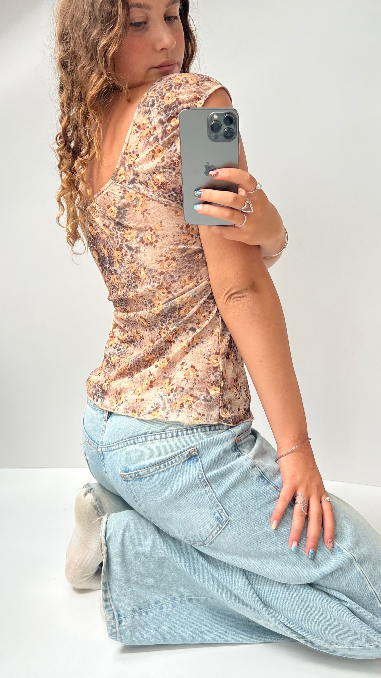 00s brown floral mesh top- size M