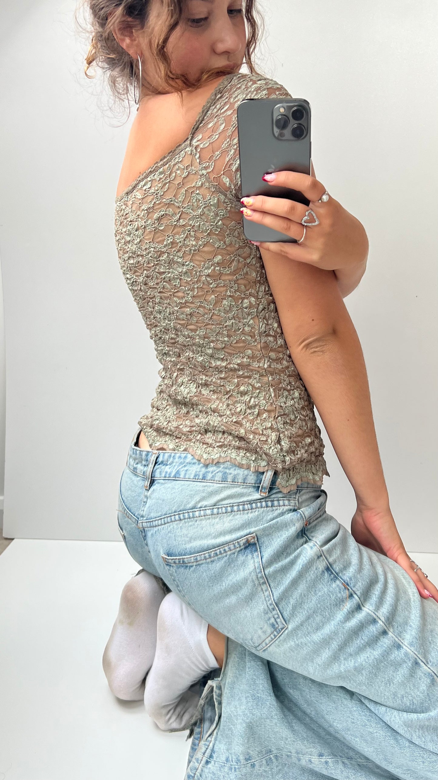 00s green lace babydoll top- size S