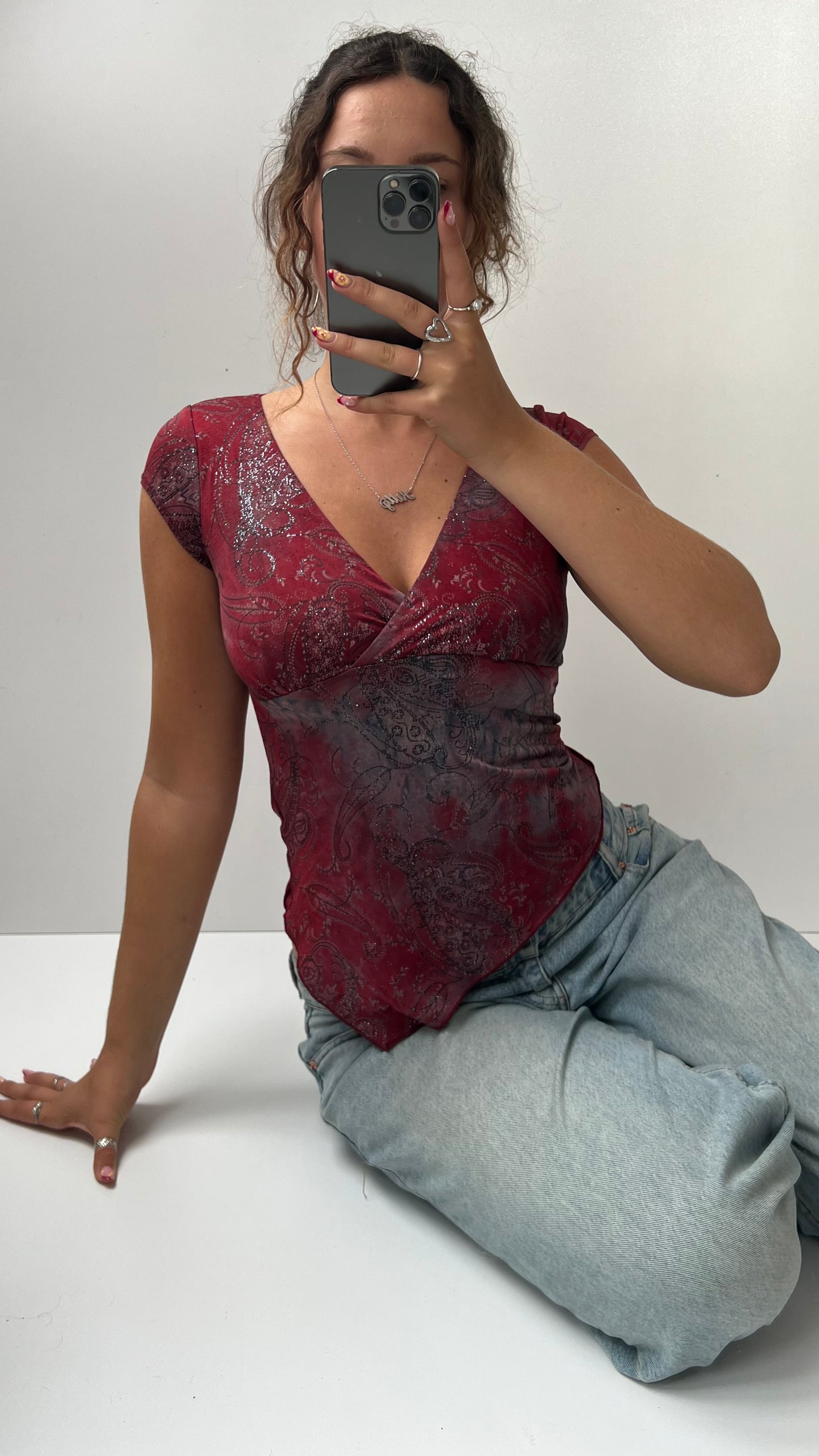 00s red glitter babydoll top- size XS