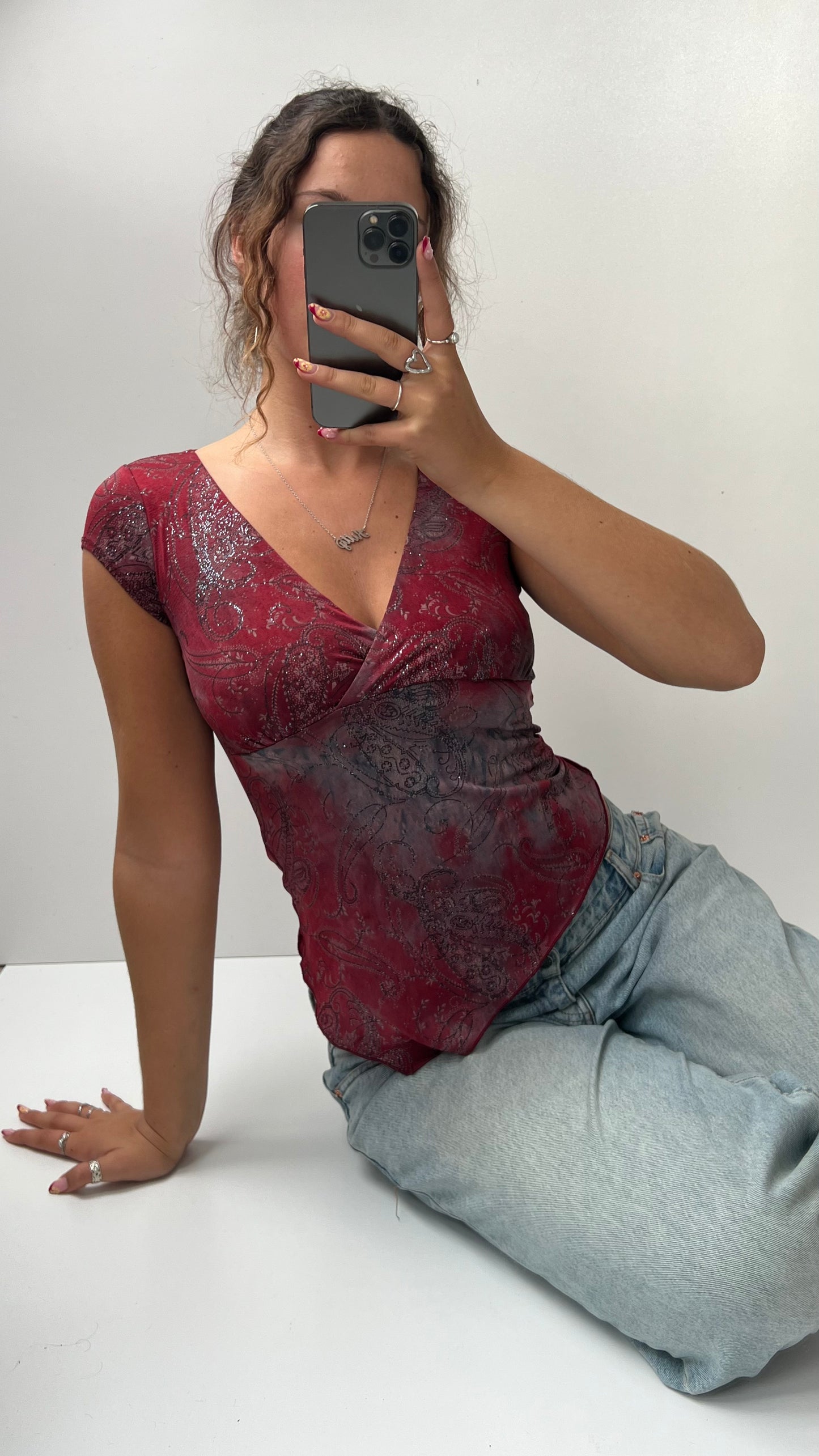 00s red glitter babydoll top- size XS