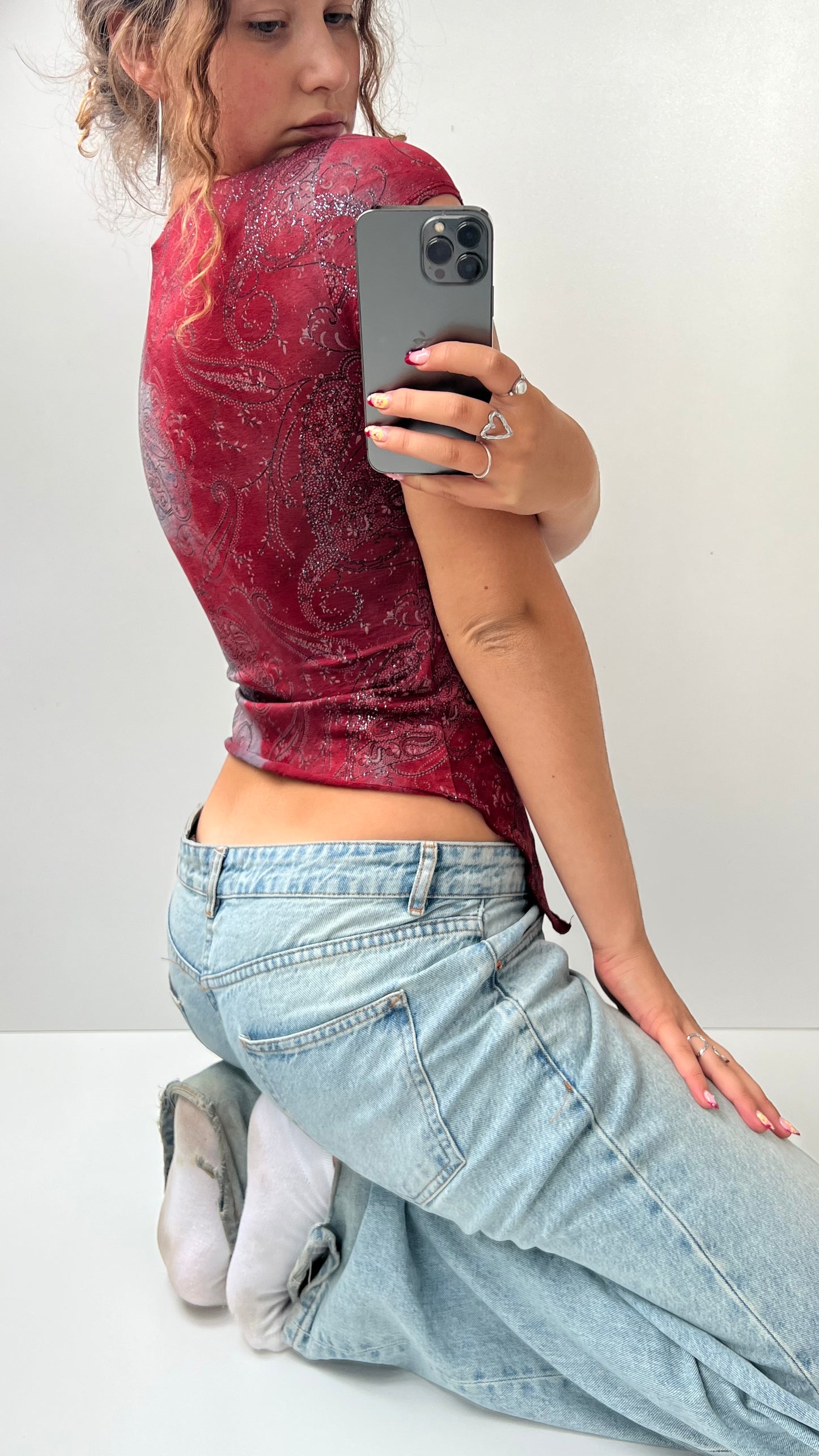 00s red glitter babydoll top- size XS