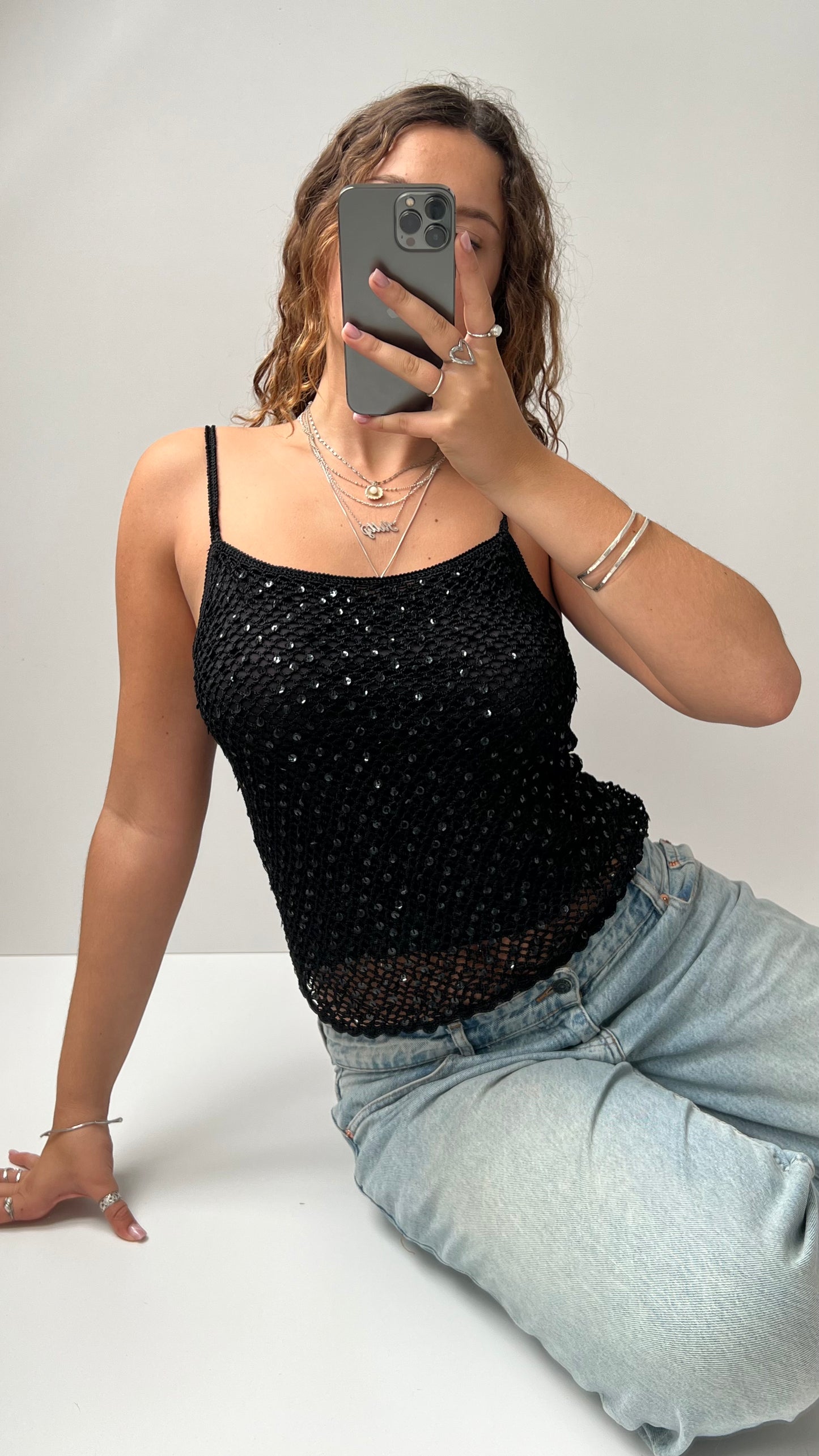 00s black crochet sequin cami- size M
