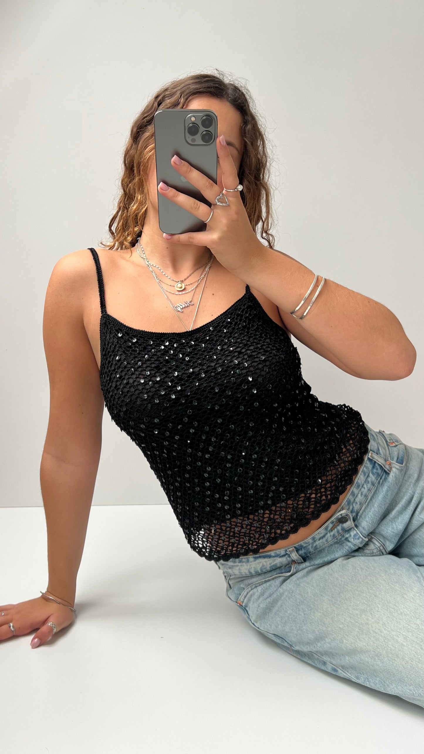 00s black crochet sequin cami- size M