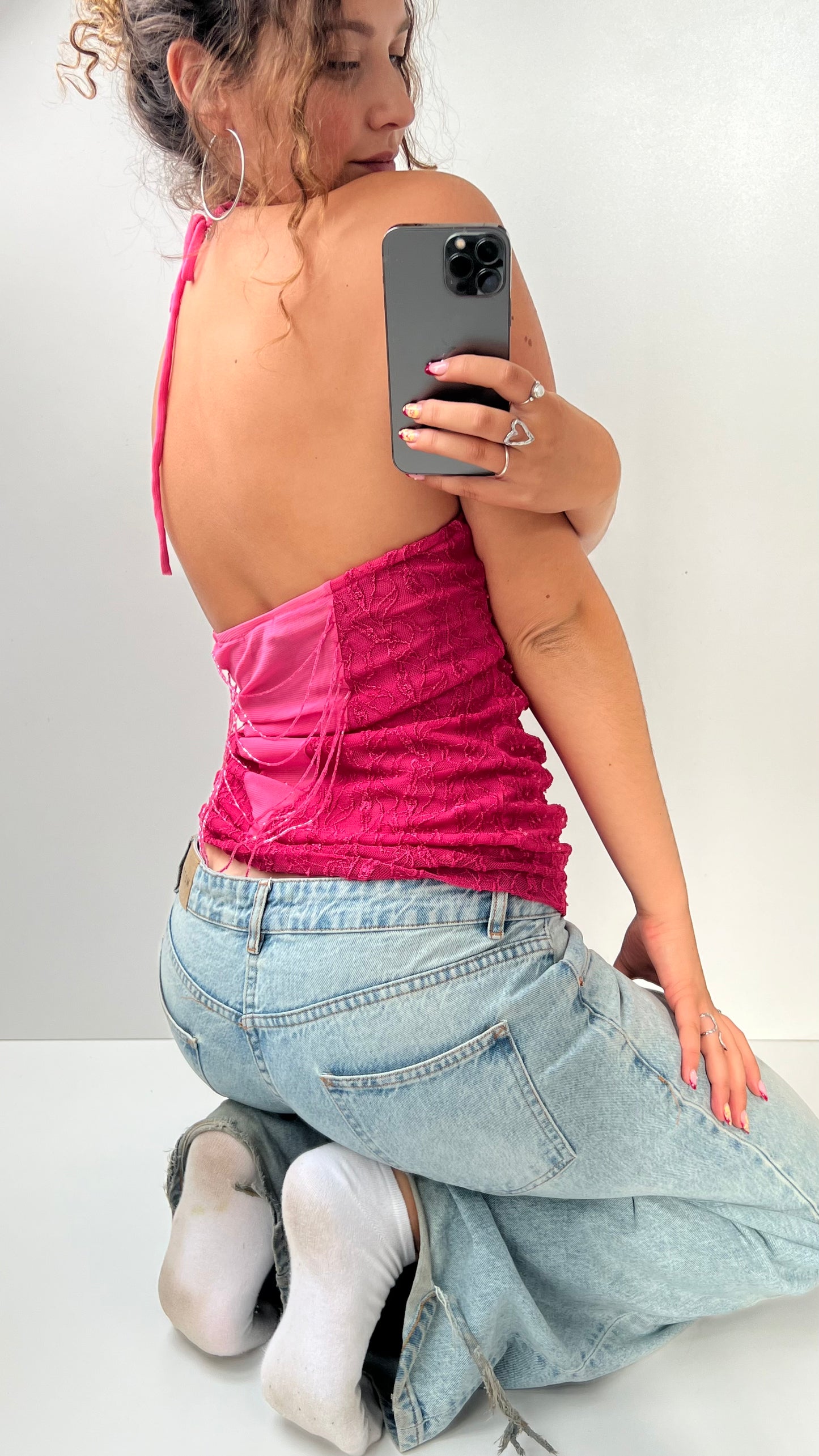 00s pink sequin halter top- size M