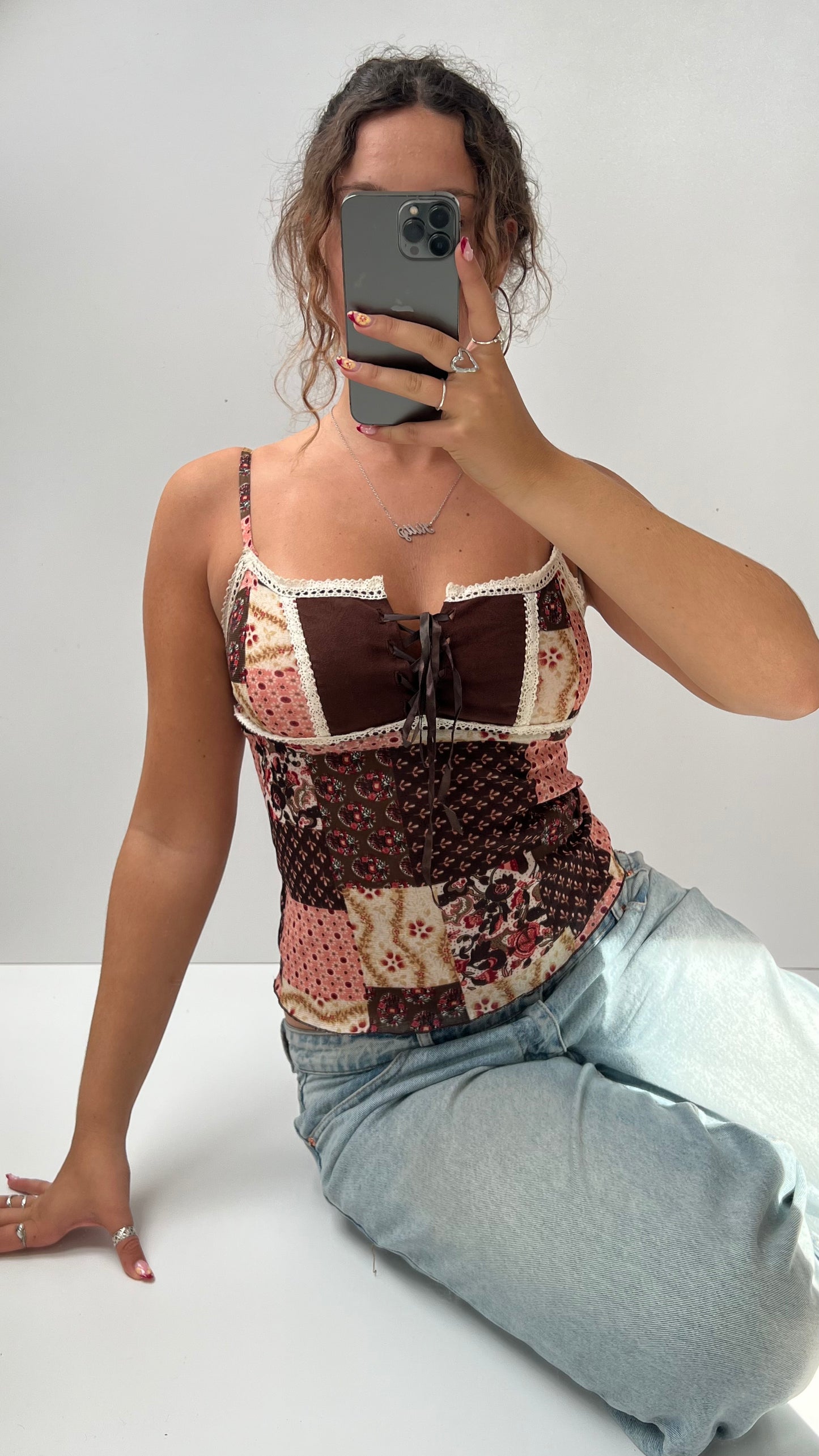 00s pink brown patchwork cami- size S