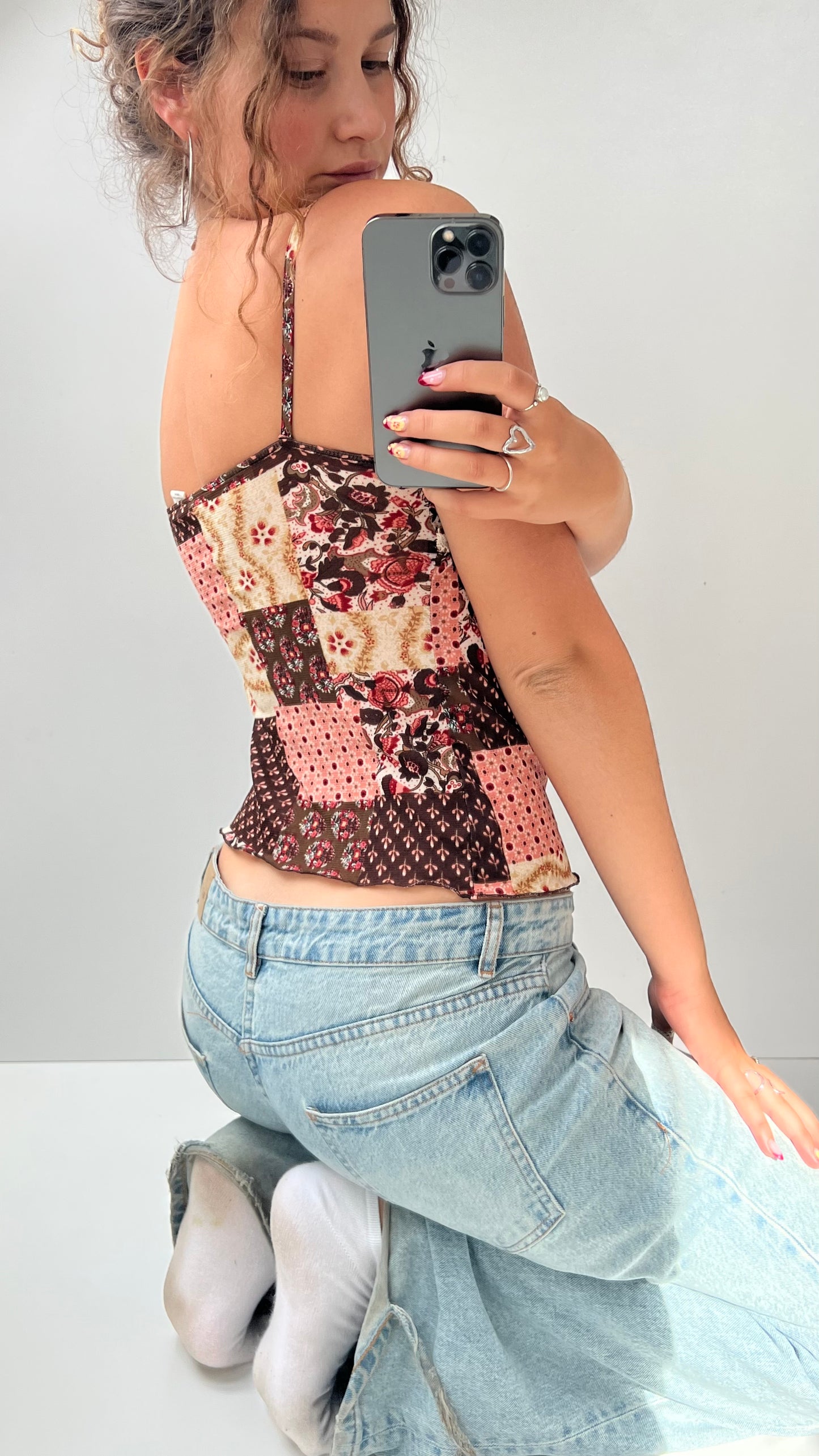 00s pink brown patchwork cami- size S