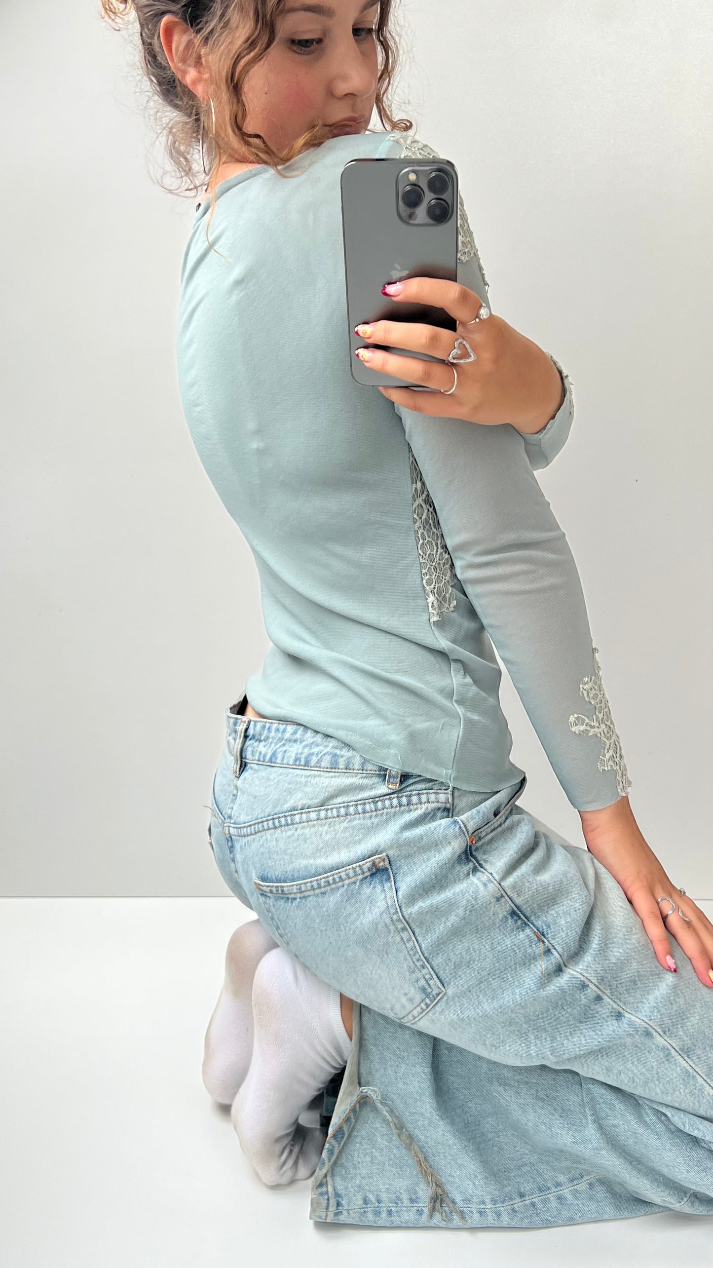 00s blue mesh lace long sleeve top- size M