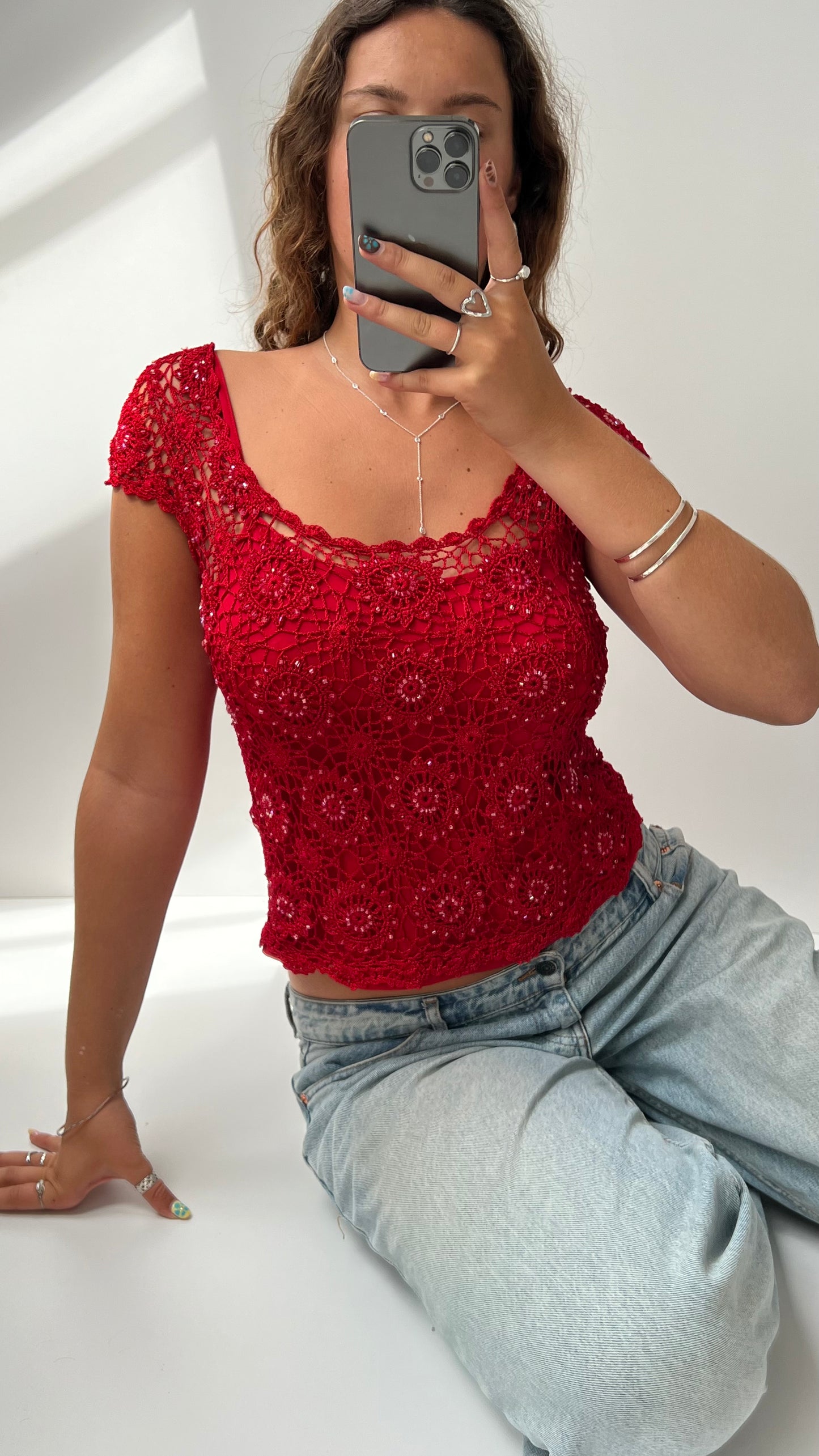 00s red crochet babydoll top- size M