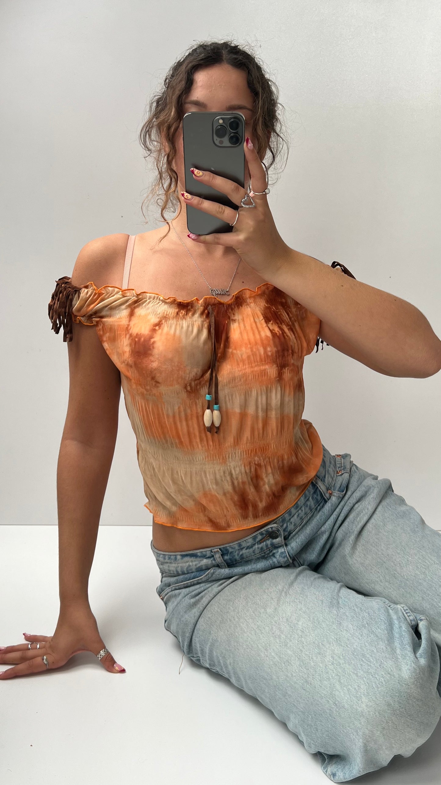 00s orange mesh fringe top- size S