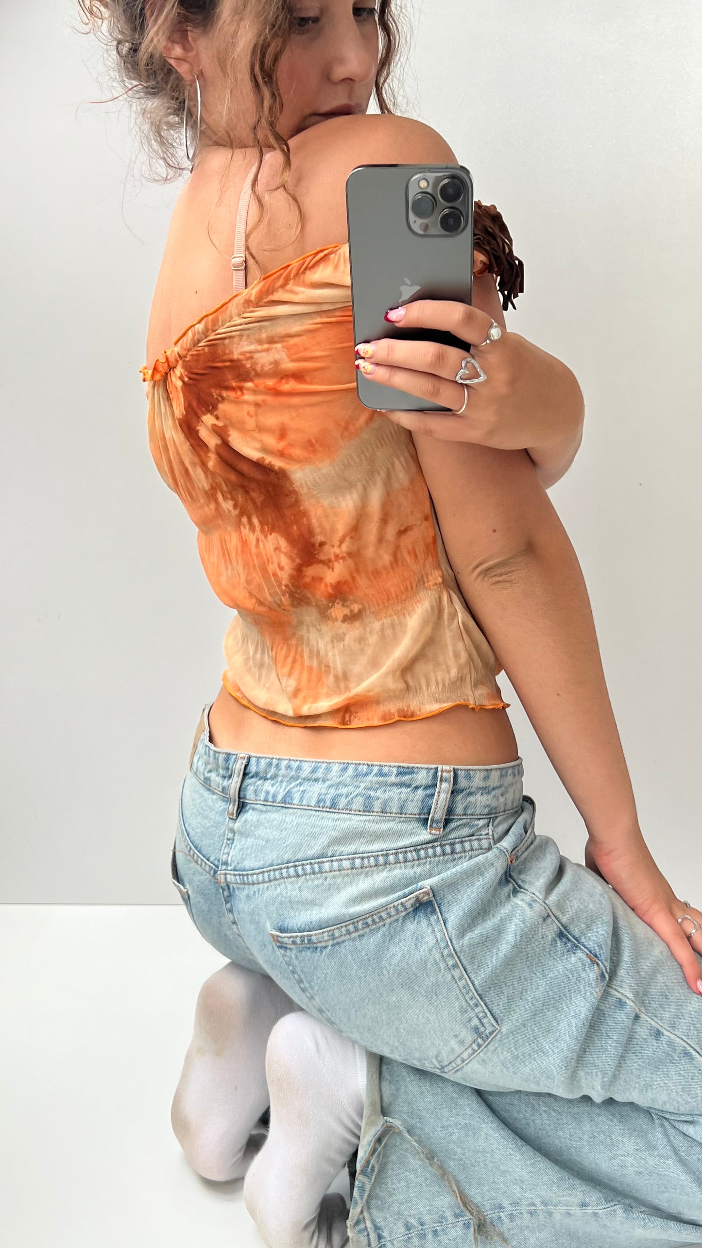 00s orange mesh fringe top- size S